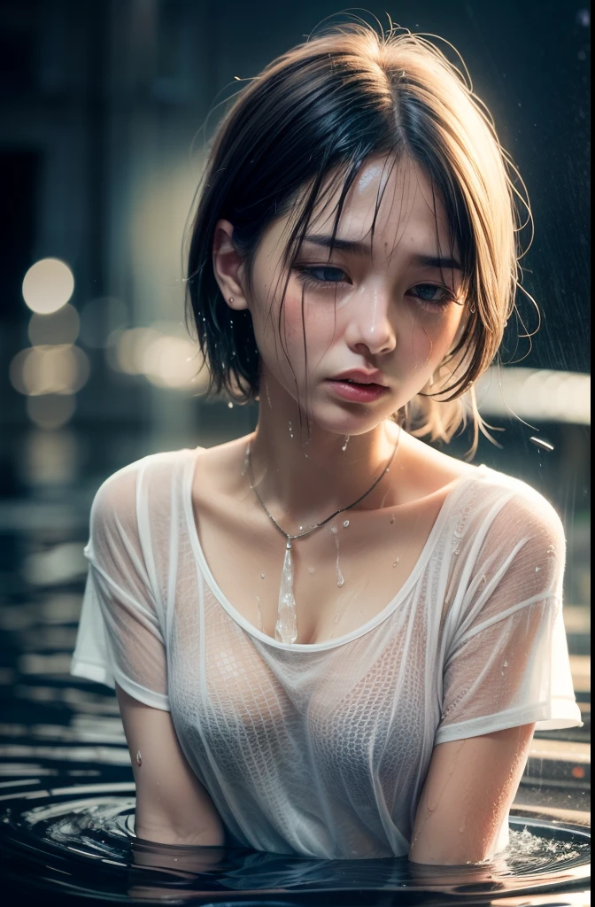 short tshirt，（Cinematic tones）（Wet clothes：1.9）,（Get wet all over your body：1.9）,Top image quality, tmasterpiece, 超高分辨率, （Fidelity：1.4）, photore,deluge, stunningly beautiful woman, （Sorrow）, white  shirt, dim murky lights, shadowy, Desperate, Pity, Pathetic, Cinematic, Tears, tear drop, （ripped clothing：1.5）, （Wet clothes：1.4）, bare shoulders​, Real rain, wetting hair