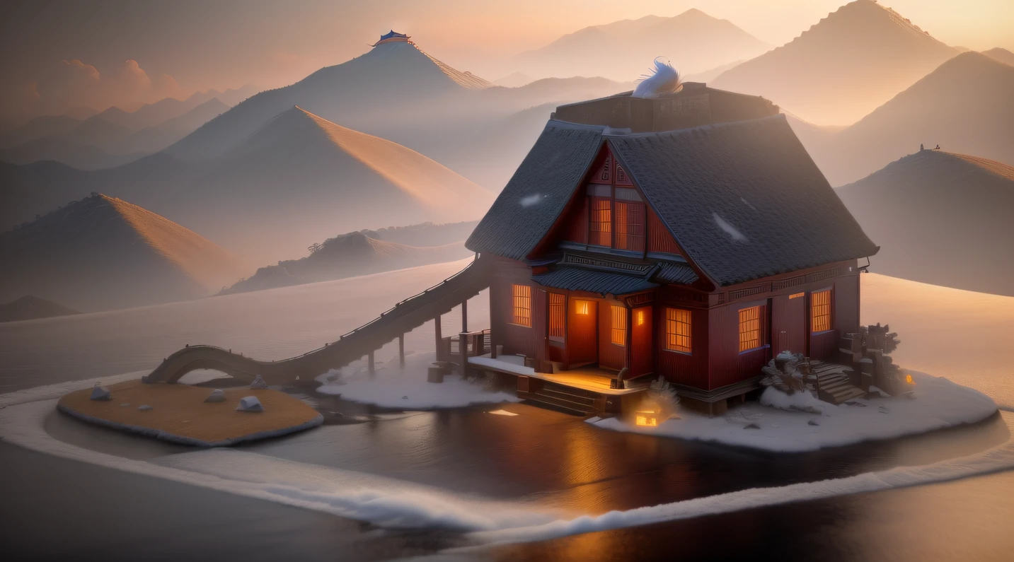 There is a small house with a ramp on a small island, stylized 3d render, beautifully detailed render, View of Alates in a Chinese village with mountains as a backdrop,the roof,the roof,facing away from the audience(Doomsday ruins)eyes filled with angry,He clenched his fists,Rush up,Deliver a fatal blow to your opponent,full bodyesbian,Full Body Male Mage 32K(tmasterpiece,k hd,hyper HD,32K)Long flowing black hair,Explosive ruins of a campsite,zydink, a color, Dynamic posture(Explosive ruins), (Linen batik scarf), Angry fighting stance, looking at the ground, Batik linen bandana, Chinese crane pattern long-sleeved garment, thick paint(Abstract propylene splash:1.2), Dark clouds lightning background,Flour flies(realisticlying:1.4),Black color hair,Flour fluttering,Background fog, A high resolution, the detail, RAW photogr, Sharp Re, Nikon D850 Film Stock Photo by Jefferies Lee 4 Kodak Portra 400 Camera F1.6 shots, Rich colors, ultra-realistic vivid textures, Dramatic lighting, Unreal Engine Art Station Trend, cinestir 800,Flowing black hair,(((Male mage))),The male mage was furious,, dreamy Chinese towns, Detailed scenery —width 672, Tang Dynasty Palace, Ancient Chinese architecture, peaked wooden roofs, golden hour in beijing, Taoist temples and monks, the taoist temples of huangshan, Beautiful rendering of the Tang Dynasty,hyper detailed 3d render, hyper detailed 3d render, super detailed render, 3d rendered in octane, 3 d rendered in octane, highly detailed 3d render, highly detailed 3d render, photorealistic render in octane, rendered in octane 3d
