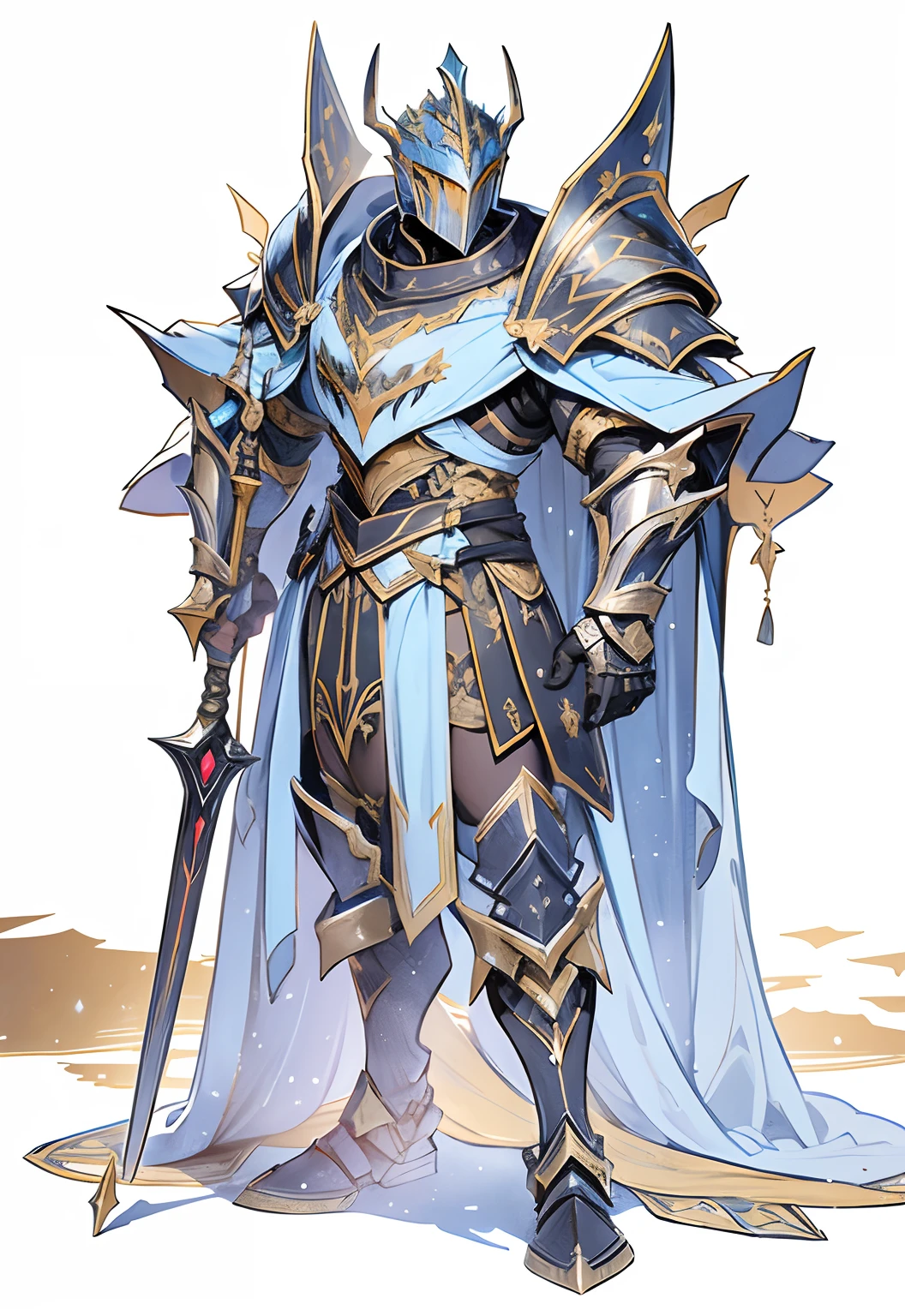 Knight, long cape, dark armor, armor skirt, big weapon, thick, upper body, space background, wide, dark aura
