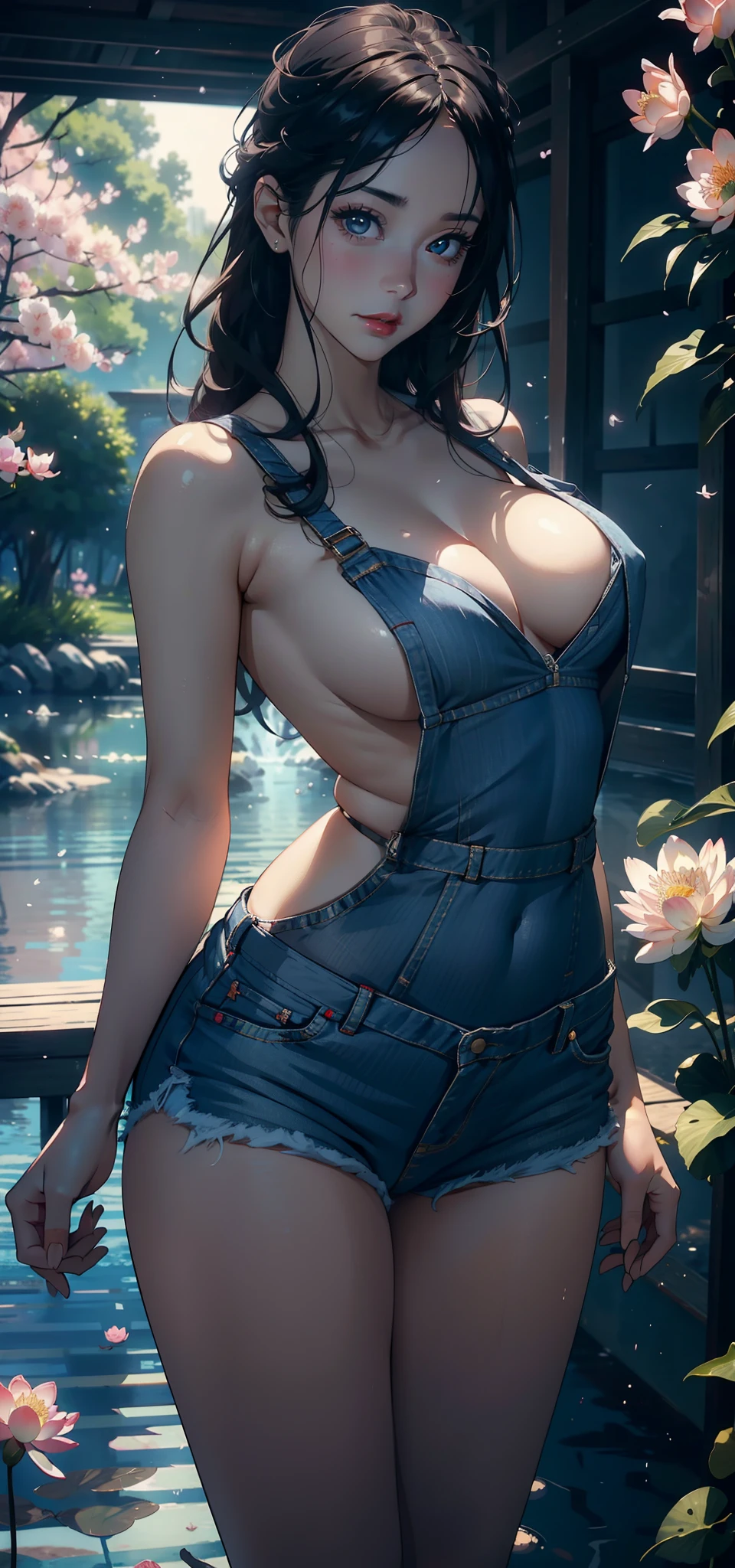 1female,45 yers old,Married Woman,,plumw,extremely large bo独奏,(Background with:ponds,Cherry blossom forest,lotus flower)standing underwater, She has long pink hair,seen from the front,, mostly cloudy sky,(((tmasterpiece),(Very detailed CG unity 8K wallpaper),best qualtiy,cinmatic lighting,detailed back ground,beatiful detailed eyes,Bright pupils,Black eyes,Snow-whiteskin,Redlip(Very fine and beautiful),(Beautiful and detailed eye description),ultra - detailed,tmasterpiece,))facing at camera,A high resolution,ultra - detailed),revealing breastsenitalia, Bulge,legs are open,Raised sexy,Camel toeesireatisfactionage,(Wearing:Blue denim apron,Bare )