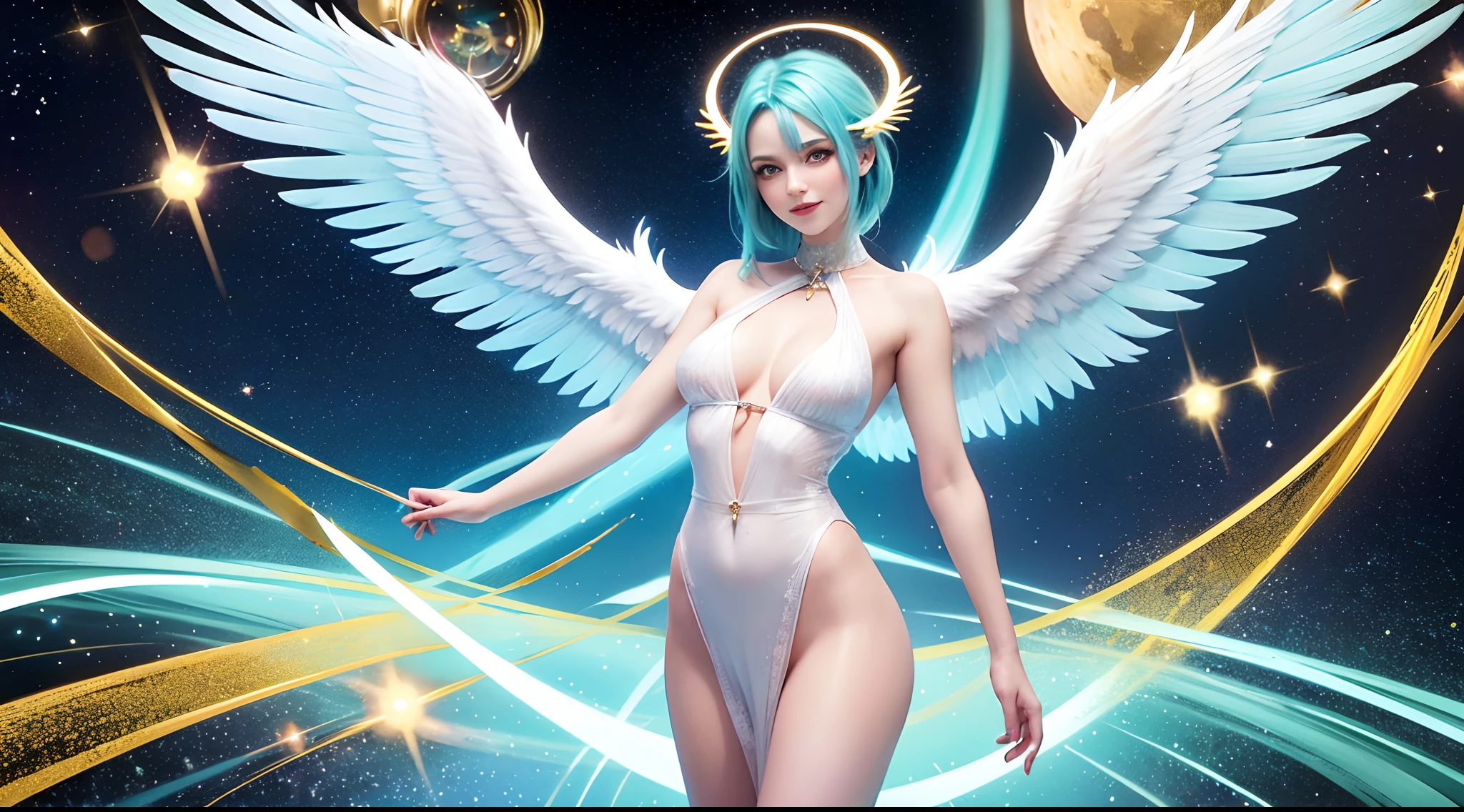A woman, blue green hair, Red eyes, Smile, Angel wings, Golden halo, white body fur, Standing upright, In outer space, galaxy in background, stars in the distance, full bodyesbian