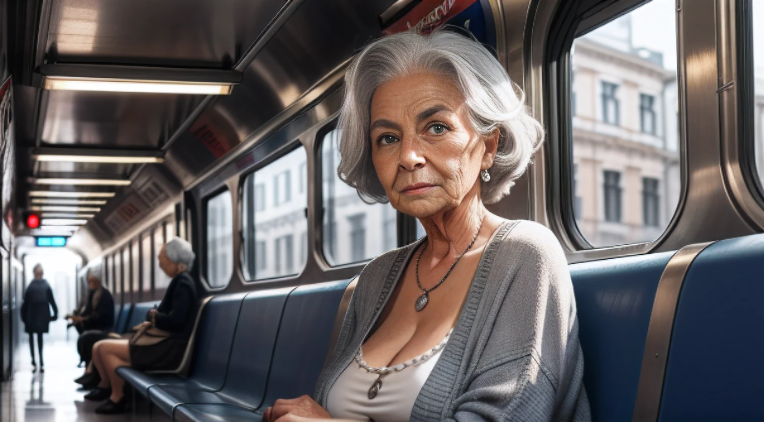 85-year-old woman with gray hair, seductive gaze, a bunch of hair on top, old gray hair, elderly stranger in the subway, awkward situation, many people, train arrived, subway, sexy summer clothes, blue eyes, a lot of wrinkles on her face, old woman, old body with wrinkles, detailed wrinkles (Old women in Europe)proper eye position,cinematic light, , soft light,detailed background, clear background, highly detail, 8k, ultra detailed background, detailed background, showing full body, full body, full body visible, perfect visible background, solo, small breasts,