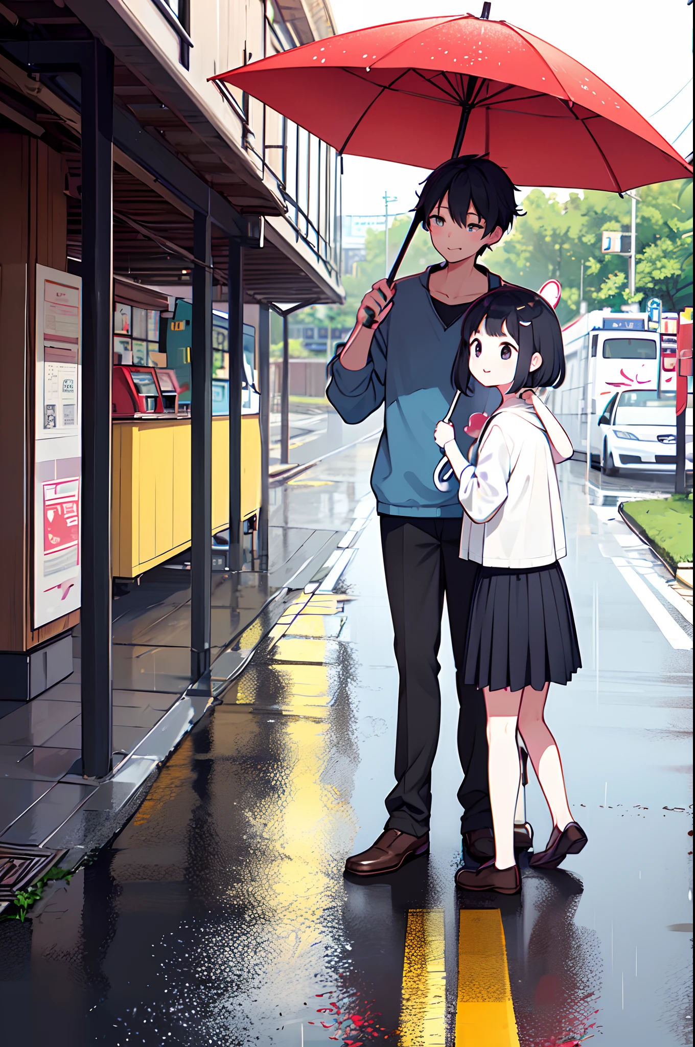 Photo of parent and holding umbrella on rainy day、Umbrellas are great、bustup、Eye Up、The road surface is wet、She enjoys the rain