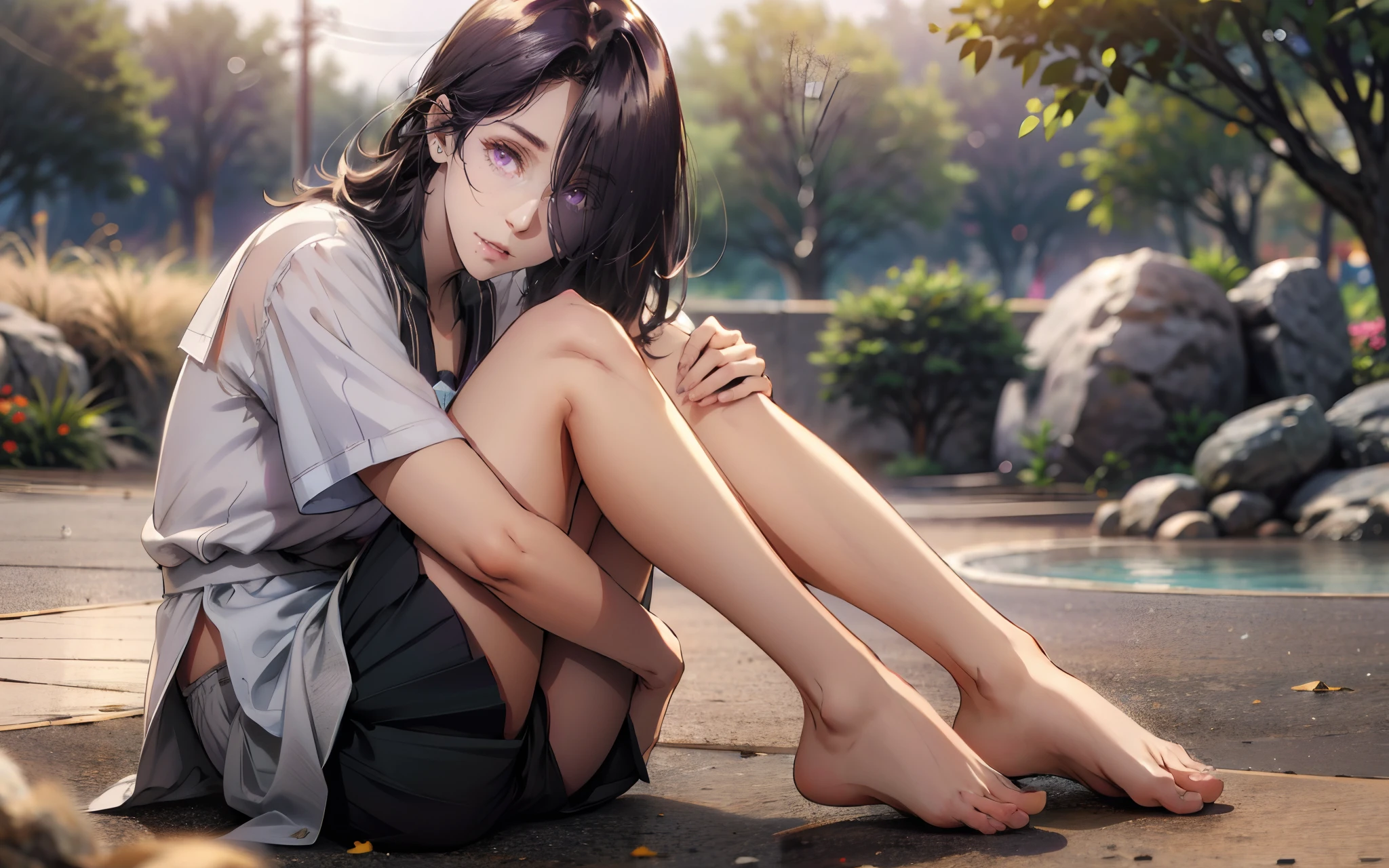 AuroraV4, (dark-purple hair, long hair, hair over one eyes:1.6), purple eyes, mole under mouth, 1girl, feet, barefoot, solo, school_uniform, looking_at_viewer, blurry, sitting, toes, day, outdoors, depth_of_field, tree, skirt, blurry_background, serafuku, short_sleeves, stretch, leg_hug, legs, bare_legs, sailor_collar, knees_up, black_skirt, soles, glow effects, godrays, Hand drawn, render, 8k, octane render, cinema 4d, blender, dark, atmospheric 4k ultra detailed, cinematic, Sharp focus, big depth of field, Masterpiece, colors, 3d octane render, 4k, concept art, trending on artstation, hyperrealistic, Vivid colors, extremely detailed CG unity 8k wallpaper, trending on CGSociety, Intricate, High Detail, dramatic