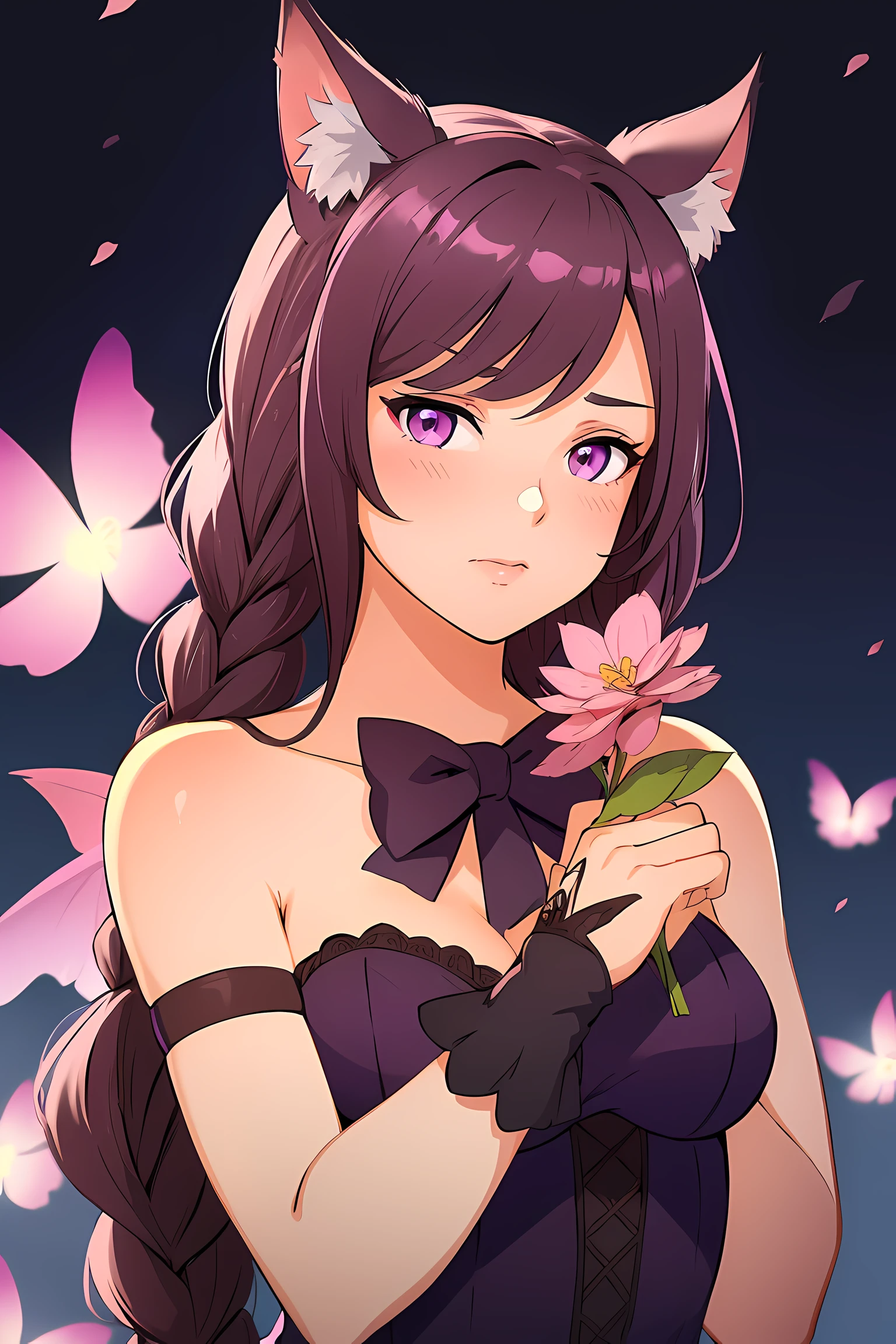 1girll, Naked, Animal ears, Purple eyes, Brown hair, Wings, Solo, Long hair, Blush, Cat ears, Flowers, view the viewer, Braids, the bow, Dresses, Pink flowers, the bow, Hair accessories, bangs, Cats, hair flower, Animal ear hair, Holding, Virtual YouTuber, Blue bow, holding animal, Catwoman, plushies