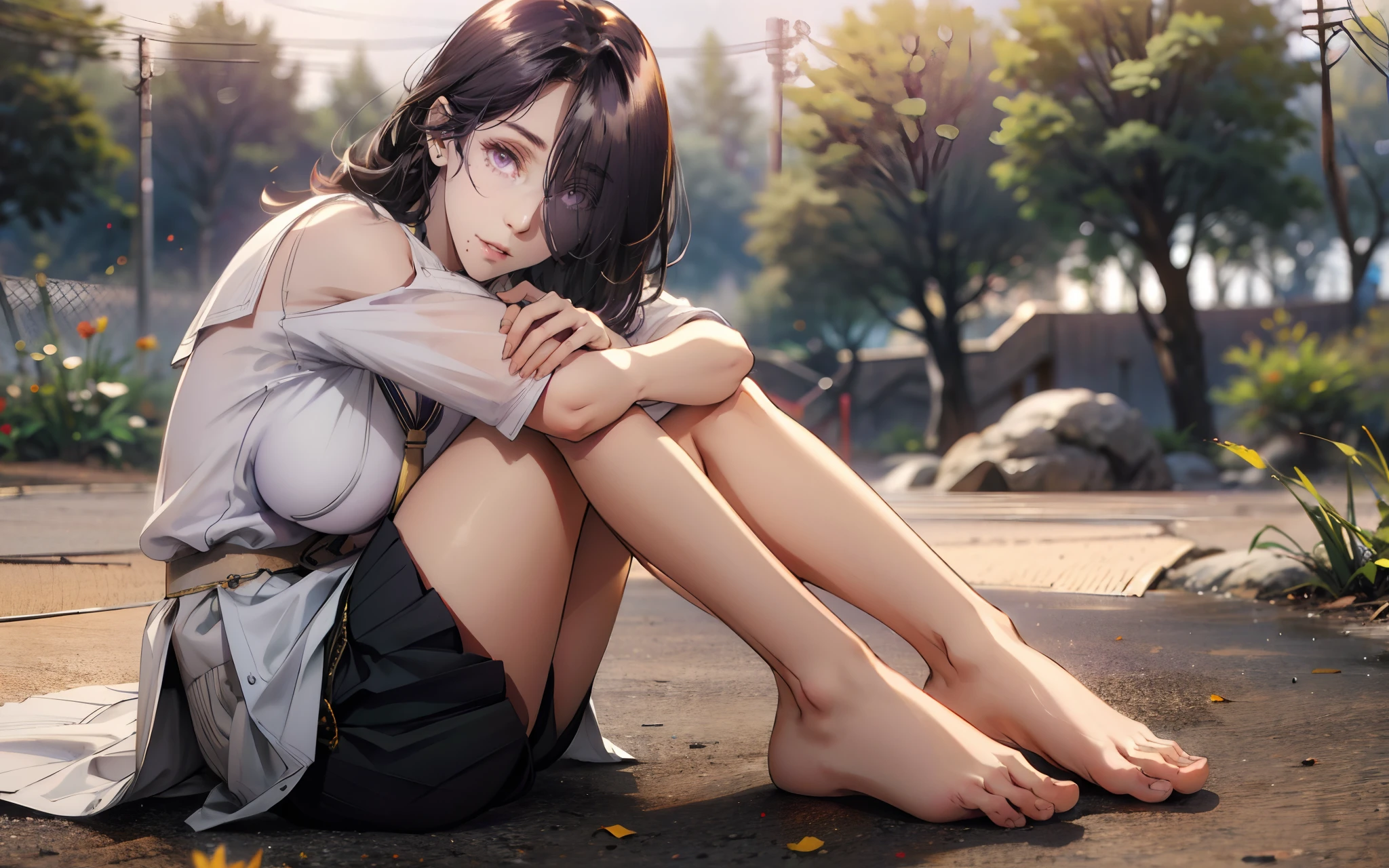 AuroraV4, (dark-purple hair, long hair, hair over one eyes:1.6), purple eyes, mole under mouth, 1girl, feet, barefoot, solo, school_uniform, looking_at_viewer, blurry, sitting, toes, day, outdoors, depth_of_field, tree, skirt, blurry_background, serafuku, short_sleeves, stretch, leg_hug, legs, bare_legs, sailor_collar, knees_up, black_skirt, soles, glow effects, godrays, Hand drawn, render, 8k, octane render, cinema 4d, blender, dark, atmospheric 4k ultra detailed, cinematic, Sharp focus, big depth of field, Masterpiece, colors, 3d octane render, 4k, concept art, trending on artstation, hyperrealistic, Vivid colors, extremely detailed CG unity 8k wallpaper, trending on CGSociety, Intricate, High Detail, dramatic