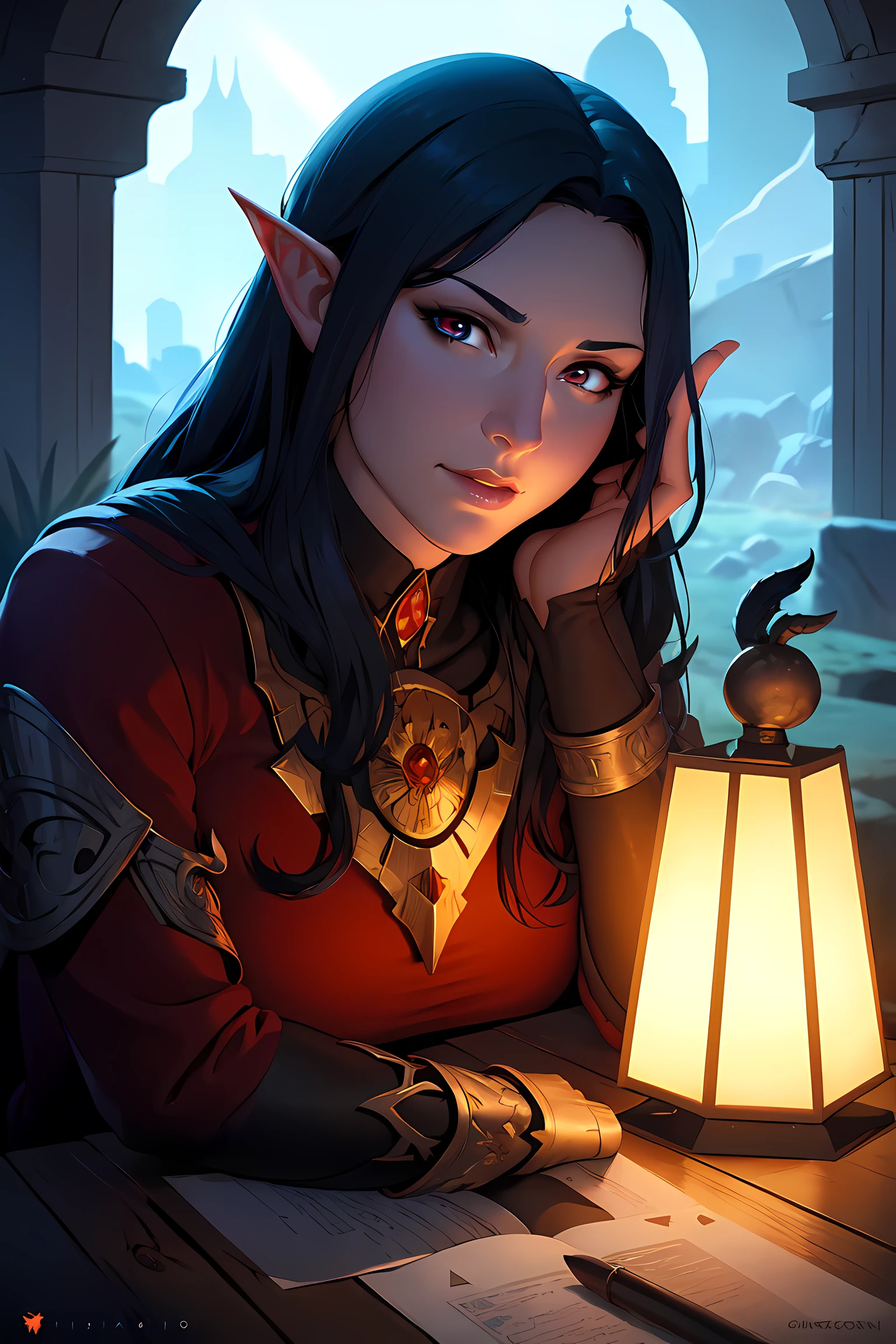 Best quality,Masterpiece,Masterpiece portrait,Intricate details,Epic Light,fantasy,undercity & Dragons,Retro,priest,dark elves,1girll,Wooden table,pub,Gray skin,Elegant smile,Squint,Close-up portrait of a Mycenaean female drow wearing gold jewelry, Spiders:0.9, webs:1.0, fantasy, voluminetric lighting, concept-art, Brush stroke style, art  stations, Uptrend, Highly detailed, art of greg rutkowski