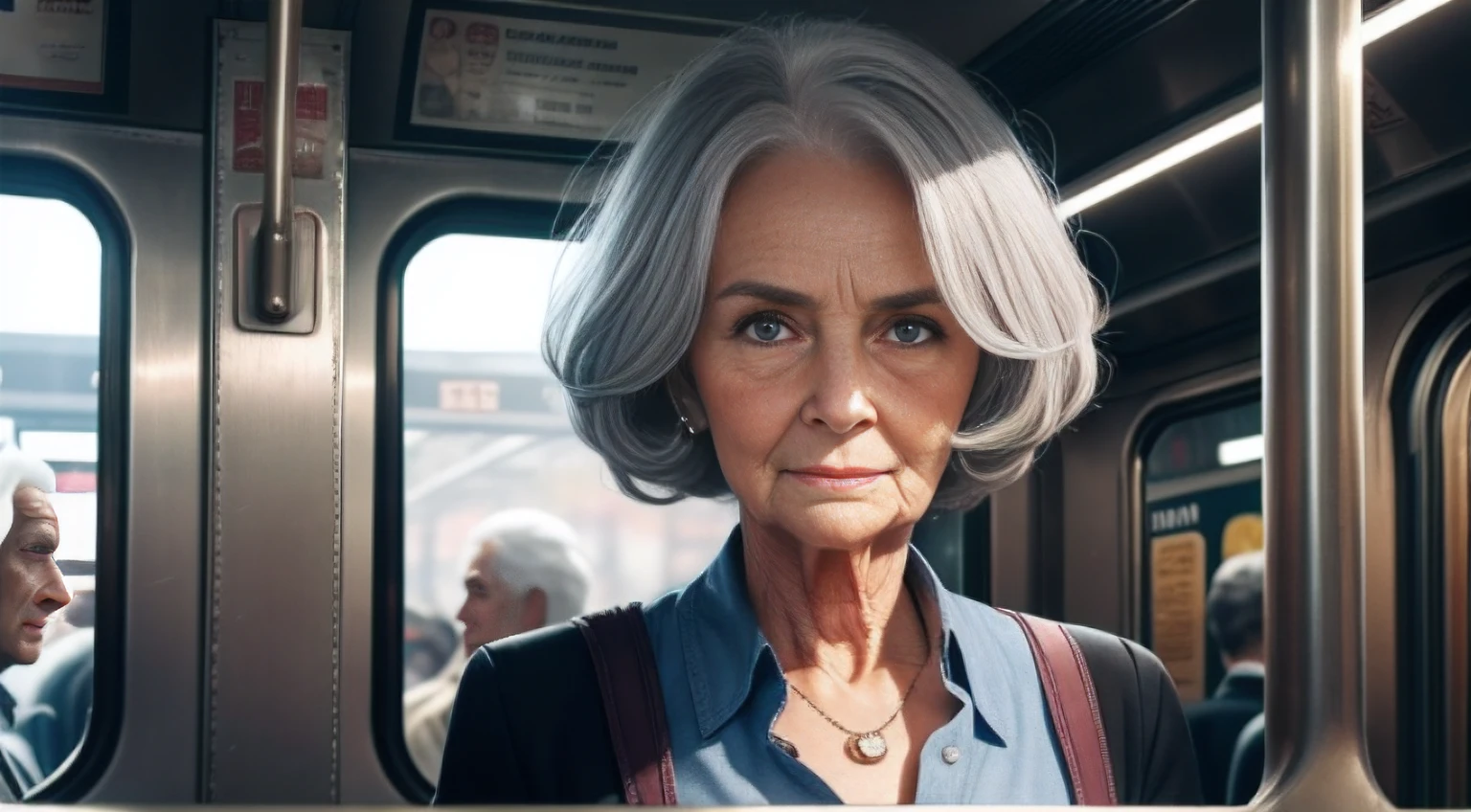 85-year-old woman with gray hair, seductive gaze, a bunch of hair on top, old gray hair, elderly stranger in the subway, awkward situation, many people, train arrived, subway, sexy business clothes, blue eyes, a lot of wrinkles on her face, old woman, old body with wrinkles, detailed wrinkles (Old women in Europe)proper eye position,cinematic light, , soft light,detailed background, clear background, highly detail, 8k, ultra detailed background, detailed background, showing full body, full body, full body visible, perfect visible background, solo, small breasts,