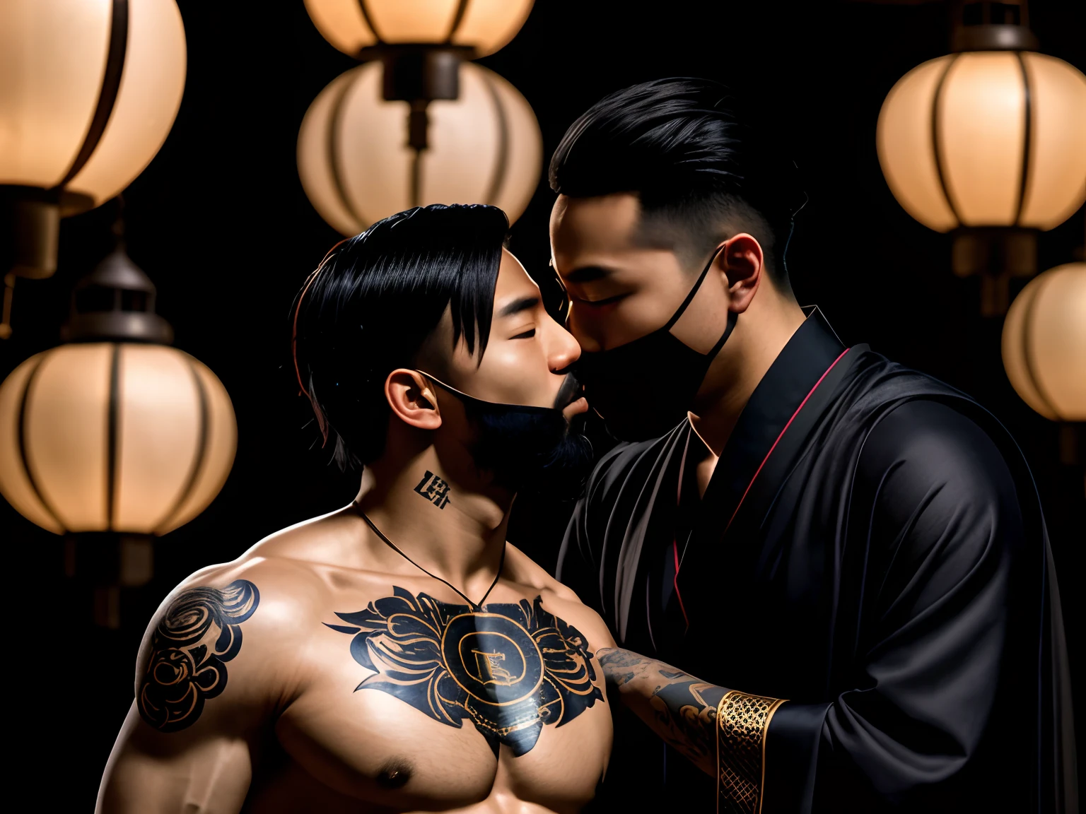 Asian man and man kissing in front of a lantern in dark room, alessio albi and shin jeongho, roberto ferri and ruan jia, jin shan and ross tran, two muscular men entwined, ruan jia and brom, lee griggs and jason chan, edgar maxence and ross tran, akehiko inoue and ross tran