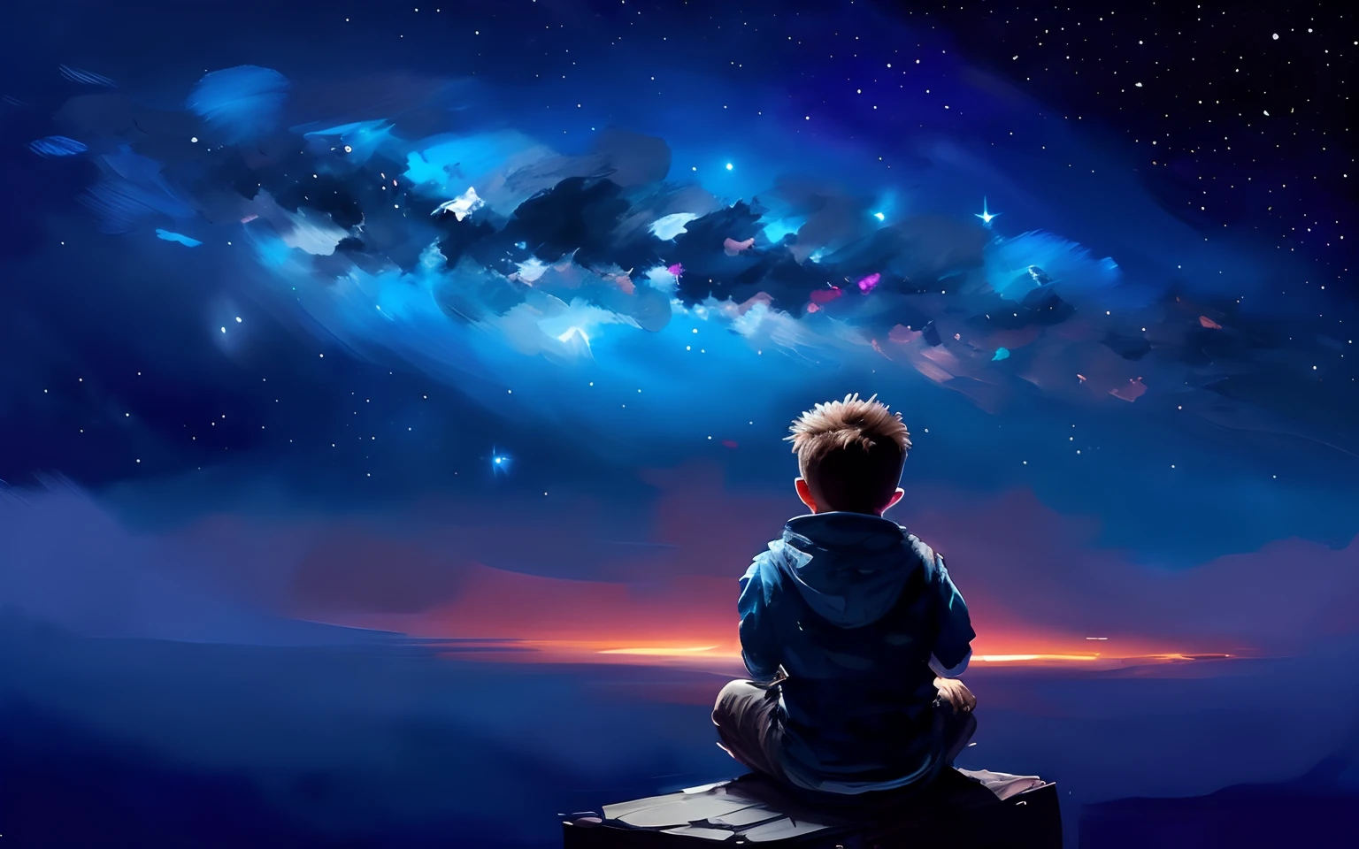 drybrush speed painting of a boy sitting and looking up at a stunning night sky, paint brush strokes+, epic composition, vivid colors, stars