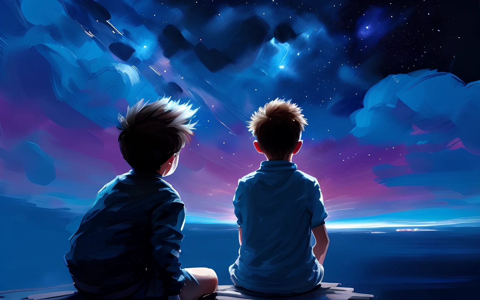 drybrush speed painting of a boy sitting and looking up at a stunning night sky, paint brush strokes+, epic composition, vivid colors, stars