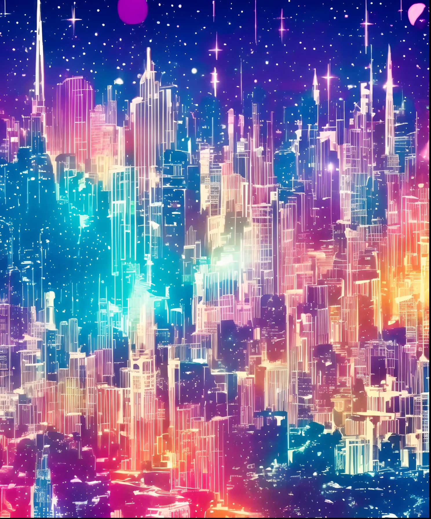 Sheet music playback、Colorful sheet music is played、Cute girl characters、 Night view from a high place、Drawing a large number of skyscrapers, Looking up at the starry sky. Surround her with colorful nebulae and colorful metropolis.