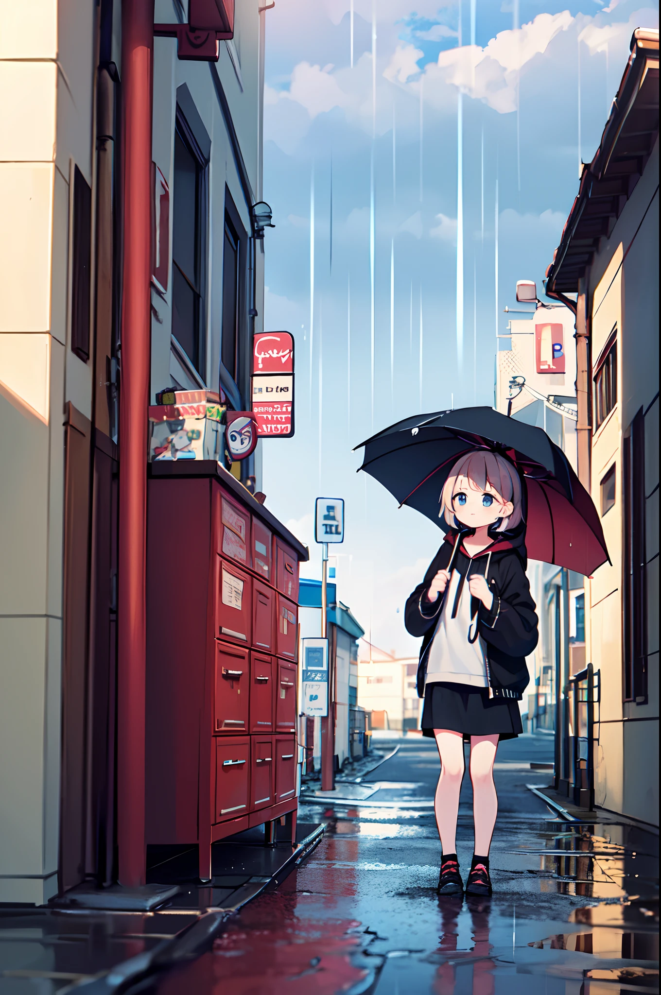 Photo of parent and child holding umbrella on rainy day、Umbrellas are great、bustup、Eye Up、The road surface is wet、She enjoys the rain
