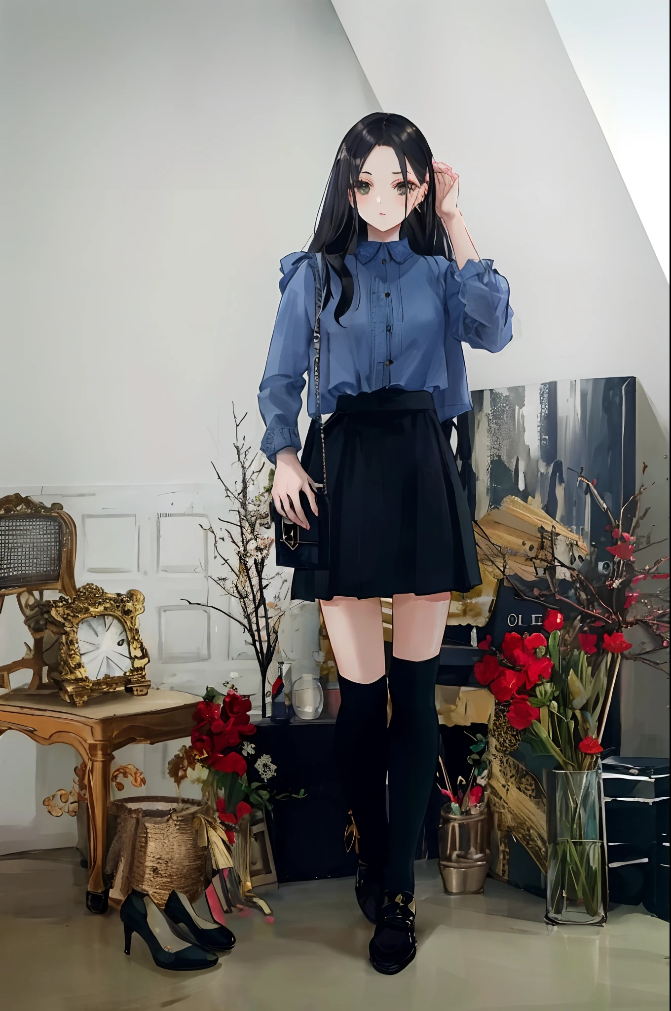 araffe woman in a blue shirt and black skirt posing for a picture, high-waist-black-skirt, korean women's fashion model, decorative dark blue clothing, elegant clothes, casual clothing style, thighhighs and skirt, casual modern clothing, detailed image, short skirt length, modern casual clothing, trendy clothes, short black skirt, fashion clothing