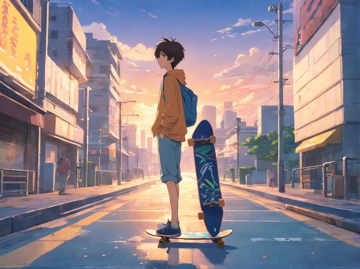 There's a young man standing on a sidewalk with his skateboard, taken in the early 2020s, imagem de corpo inteiro, com uma pose cool, Directed by: Chinwe Chukwuogo-Roy, Riyahd Cassiem, inspirado em Chinwe Chukwuogo-Roy, em torno de 1 9 anos, Fotografia tirada em 2 0 2 0
