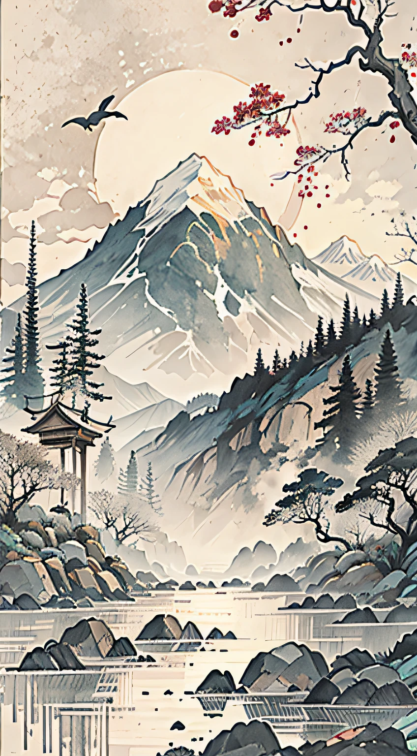 (Masterpiece, best quality: 1.2), (No_Humans), mountains in the distance, traditional Chinese ink painting, houses, tombstones, meadows
