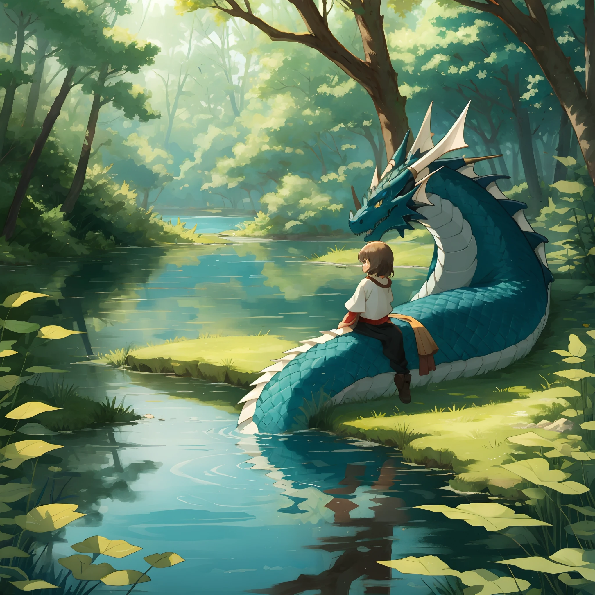 In the deep forest, Beautiful lake, Girl meets dragon,