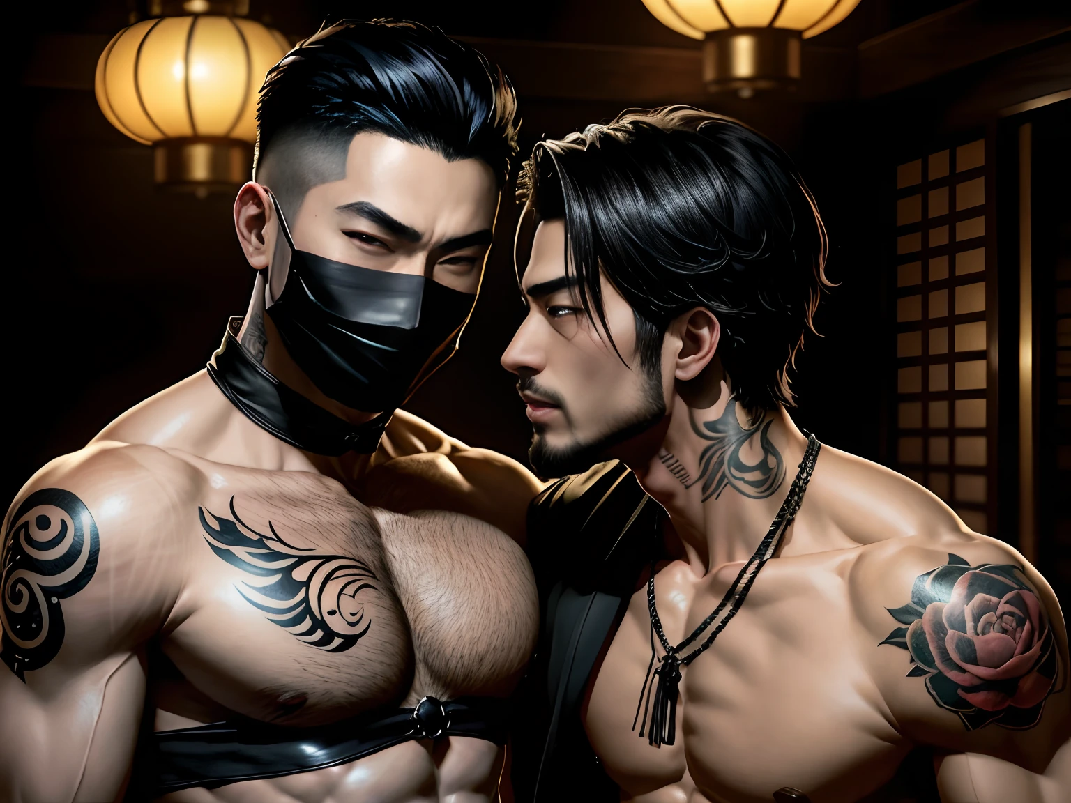 There were two men with tattoos on their arms and chests, jin shan and ross tran, akehiko inoue and ross tran, alessio albi and shin jeongho, ross tran and bayard wu, two muscular men entwined, artgerm and genzoman, yiqiang and shurakrgt, yaoi, two anime handsome men