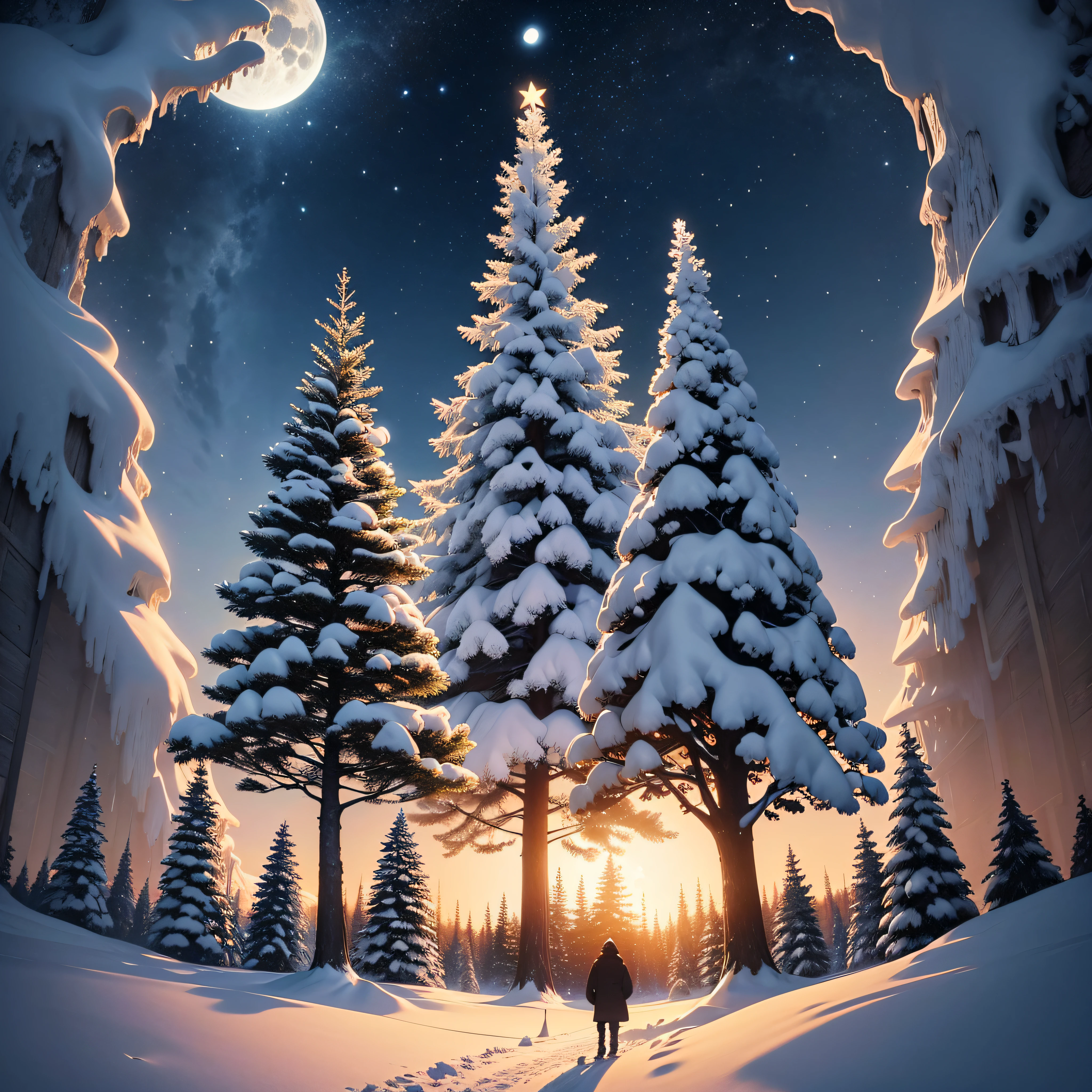 night, christmas, sky, winter, snow, tree, star, landscape, moon, stars, forest, blue, nature, trees, holiday, vector, illustration, dark, cold, light, new year, celebration, scene, silhouette, xmas