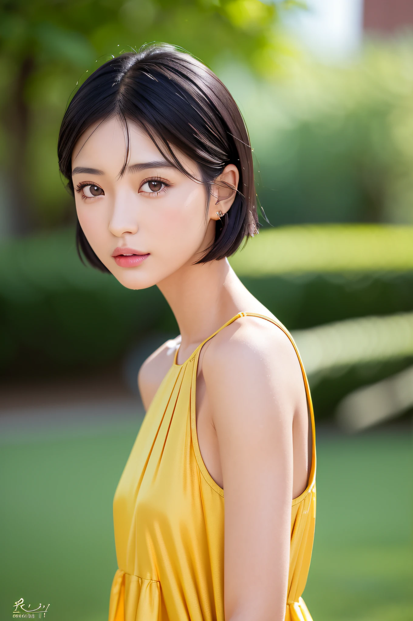 (hight resolution:1.3), (16K, Photorealsitic, RAW Photography, Top image quality: 1.4), japanes, (1girl in), beauitful face, (lifelike face), (A dark-haired、short-hair:1.3), Beautiful hairstyle, realisticeyes, beautiful finely detailed eyes, (real looking skin), Beautiful skins, enticing, 超A high resolution, A hyper-realistic, High Detail, the golden ratio, plein air, Windy, frombelow,１a person、 Half body shot,extremely detailed cute girl,(20yr old)、party dress、