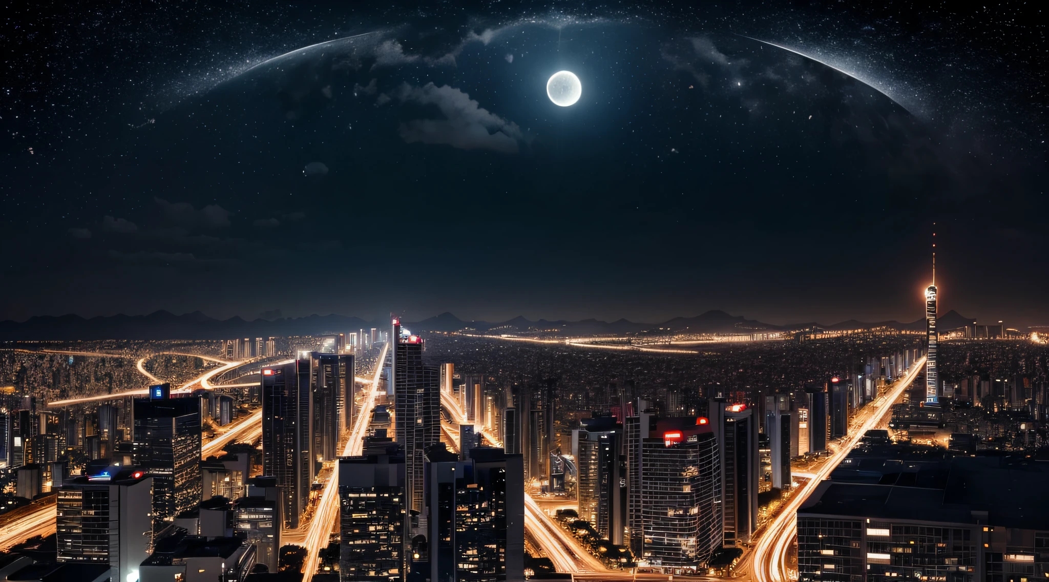(a big metropole at night, moon on the sky, starry sky), big city, sao paulo city, light cars, moviment cars, 16k, masterpiece, high quality, ultra wide angle.