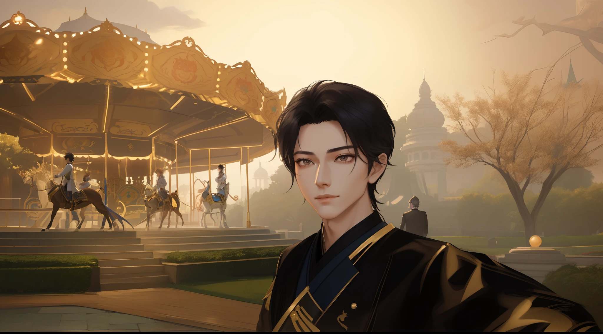 there is a man standing in front of a carousel in a park, delicate androgynous prince, beautiful androgynous prince, in the style of sifu 🔥 😎 🕹️ 👀 :2, from ncsoft, inspired by Jean Malouel, holding a pair of fans. unreal 5, attractive androgynous humanoid, inspired by Leng Mei