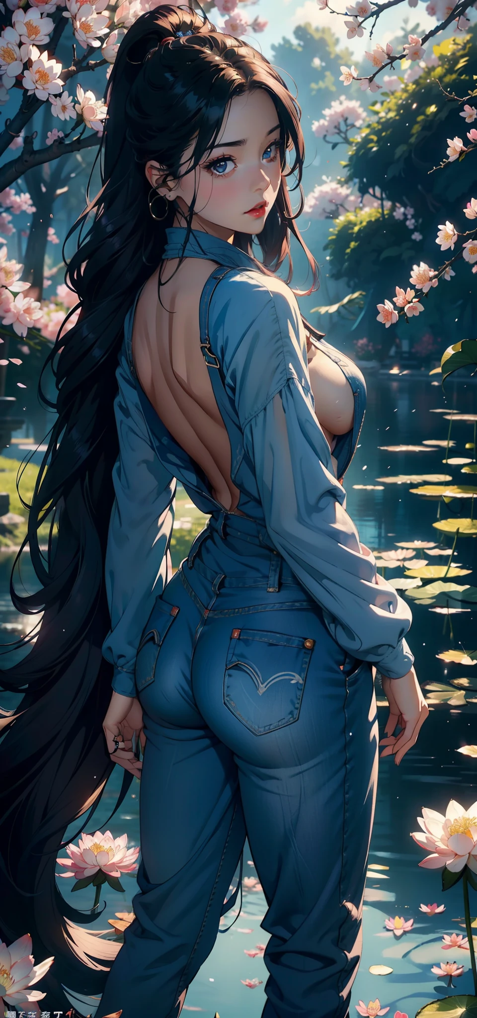 1female,45 yers old,Married Woman,熟妇,plumw,extremely large bosom, 独奏,(Background with:ponds,Cherry blossom forest,lotus flower)standing underwater, She has long pink hair,seen from the front,, mostly cloudy sky,(((tmasterpiece),(Very detailed CG unity 8K wallpaper),best qualtiy,cinmatic lighting,detailed back ground,beatiful detailed eyes,Bright pupils,Black eyes,Snow-whiteskin,Redlip(Very fine and beautiful),(Beautiful and detailed eye description),ultra - detailed,tmasterpiece,))facing at camera,A high resolution,ultra - detailed),revealing breasts,Bare genitalia, Bulge,legs are open,Raised sexy,Camel toes,Desire for dissatisfaction,frontage,(Wearing:Blue denim jumpsuit,Bare )