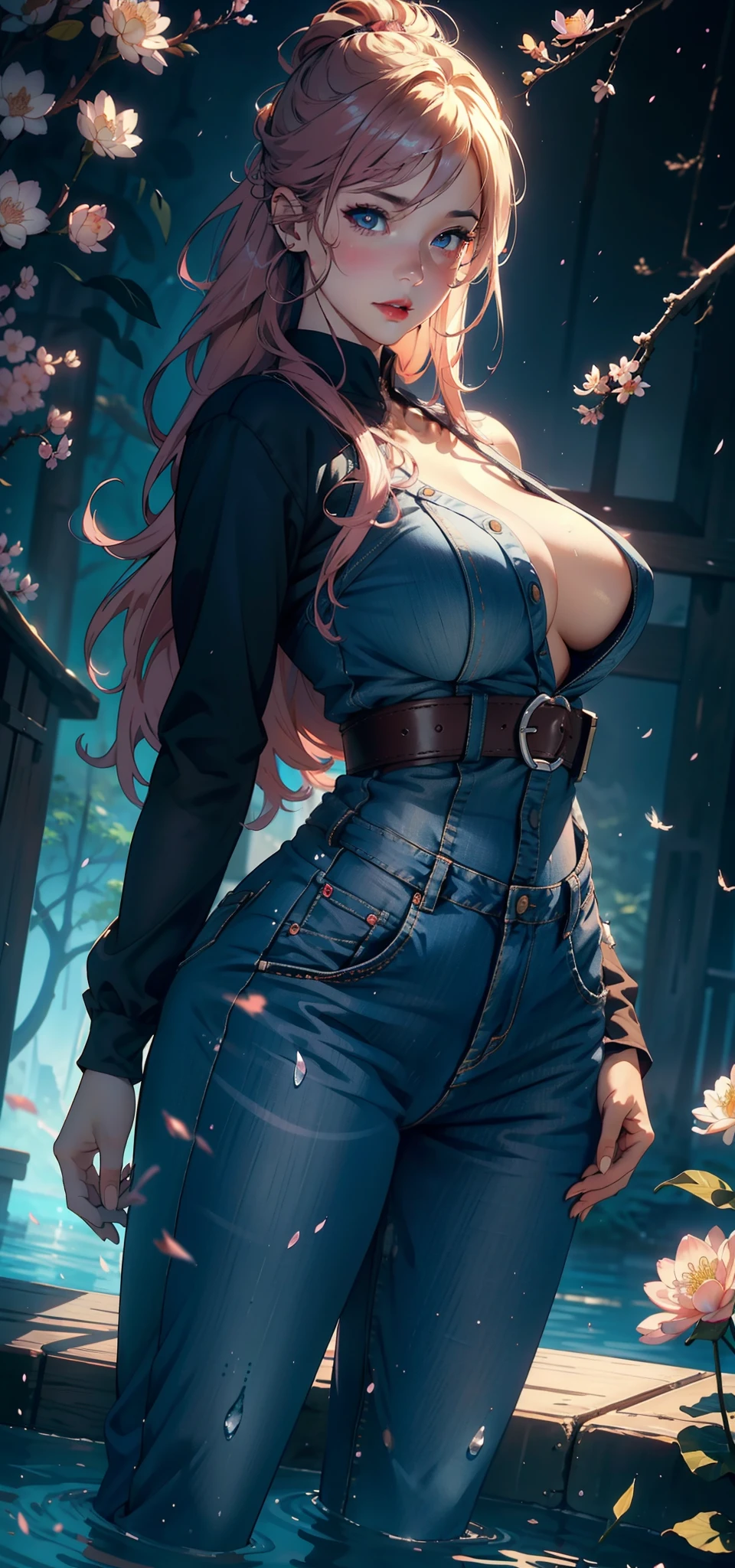 1female,45 yers old,Married Woman,熟妇,plumw,extremely large bosom, 独奏,(Background with:ponds,Cherry blossom forest,lotus flower)standing underwater, She has long pink hair,seen from the front,, mostly cloudy sky,(((tmasterpiece),(Very detailed CG unity 8K wallpaper),best qualtiy,cinmatic lighting,detailed back ground,beatiful detailed eyes,Bright pupils,Black eyes,Snow-whiteskin,Redlip(Very fine and beautiful),(Beautiful and detailed eye description),ultra - detailed,tmasterpiece,))facing at camera,A high resolution,ultra - detailed),revealing breasts,Bare genitalia, Bulge,legs are open,Raised sexy,Camel toes,Desire for dissatisfaction,frontage,(Wearing:Blue denim jumpsuit,Bare )