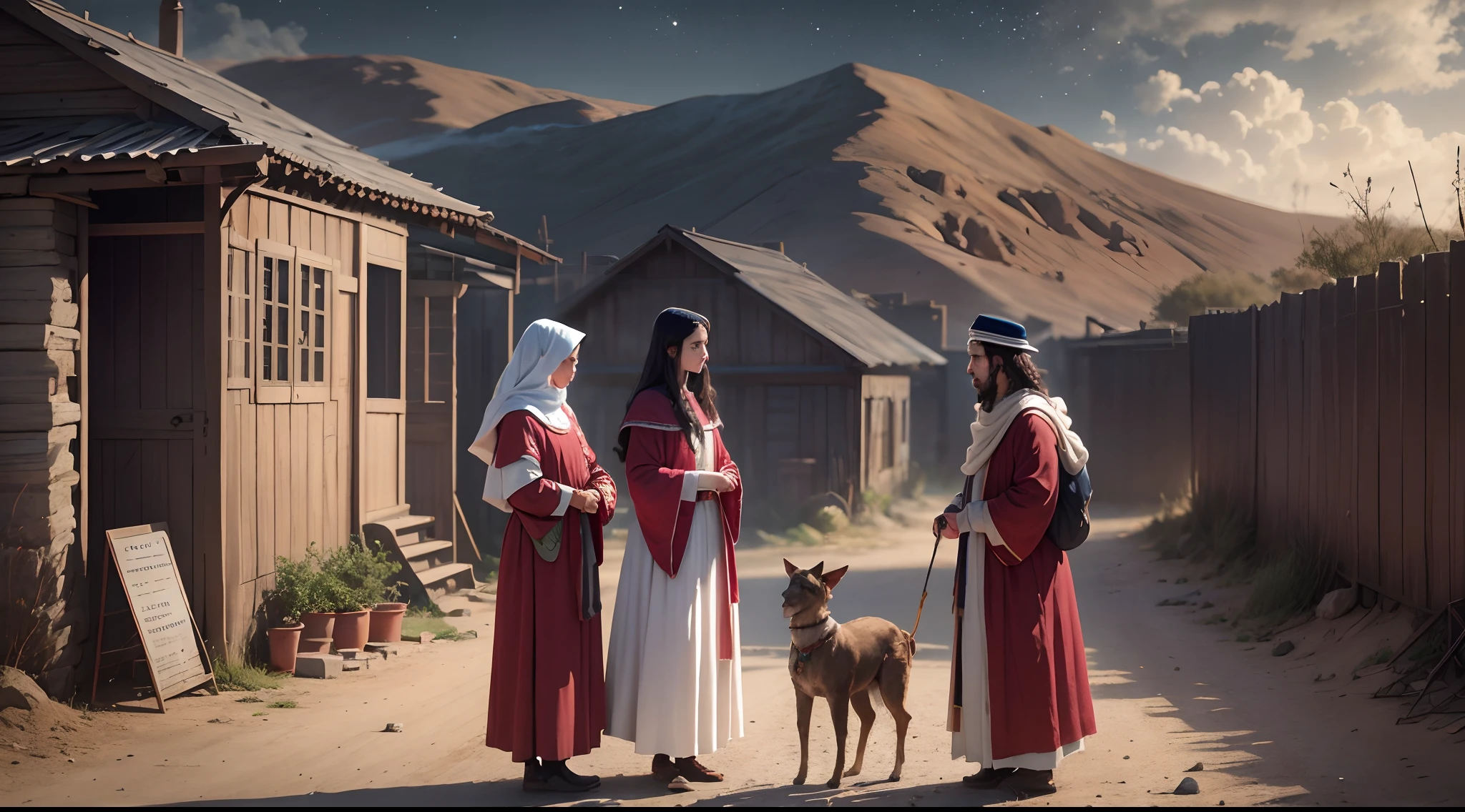 Generate an image depicting a historical scene in the city of Jericho, where two Israeli warriors talk to a woman in a simple dwelling. It's night, the scene should have a cold color palette and detailed settings and costumes reflecting the historical context. The three characters are young, com a mulher sendo excepcionalmente bonita. Your facial expressions should convey concern. Capture the tension of the moment while ensuring accuracy to the historical context, attention to the details of the costume and the scenery, Velho Testamento, 1600 anos antes de Cristo, 4k, HDR