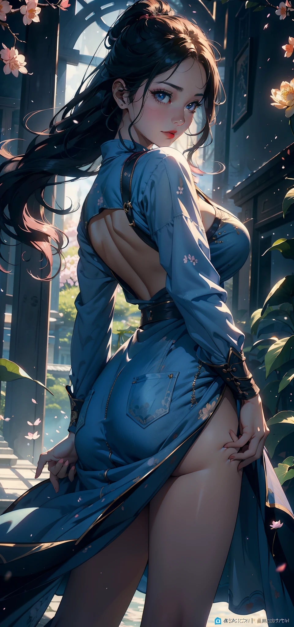 1female,45 yers old,Married Woman,熟妇,plumw,extremely large bosom, 独奏,(Background with:ponds,Cherry blossom forest,lotus flower)standing underwater, She has long pink hair,seen from the front,, mostly cloudy sky,(((tmasterpiece),(Very detailed CG unity 8K wallpaper),best qualtiy,cinmatic lighting,detailed back ground,beatiful detailed eyes,Bright pupils,Black eyes,Snow-whiteskin,Redlip(Very fine and beautiful),(Beautiful and detailed eye description),ultra - detailed,tmasterpiece,))facing at camera,A high resolution,ultra - detailed),revealing breasts,Bare genitalia, Bulge,legs are open,Raised sexy,Camel toes,Desire for dissatisfaction,frontage,(Wearing:Blue denim dress,Bare )