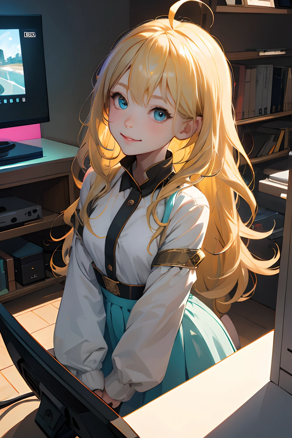 Masterpiece, ahoge, Best quality, Masterpiece,Best quality,offcial art,Extremely detailed Cg Unity 8K wallpaper, Huge_filesize, Colorful, Little girl, Loli, cute female child, Loli, Absurdly long hair, Blonde hair, hime_cut, hair over breasts, Light blush, (Beautiful detailed eyes), aqua eyes, Light smile, Yellow eyes, Breasts, Small breasts, exhibitionism, gaming console_CG, Cityscape,