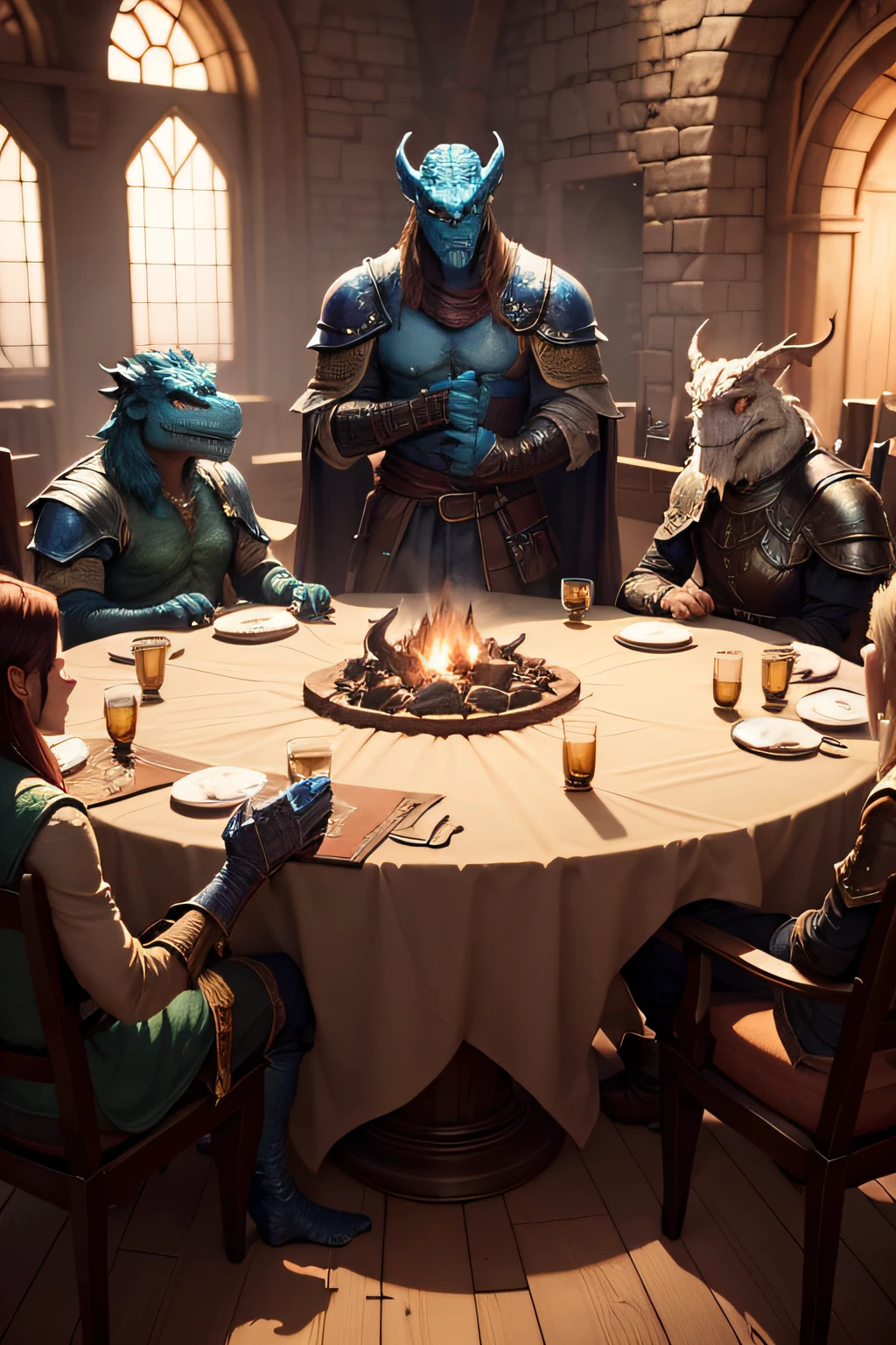 A dragonborn council gathered around a table, looking frustrated.