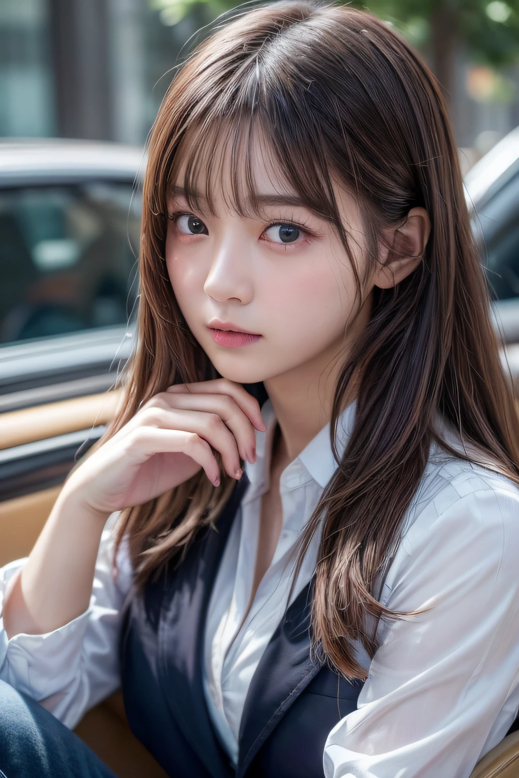 ((Top image quality、8K、masterpiece:1.3))、Realistic high-quality photos、top-quality、girl cute-fine face、40 talents、OL、suits、tired expression