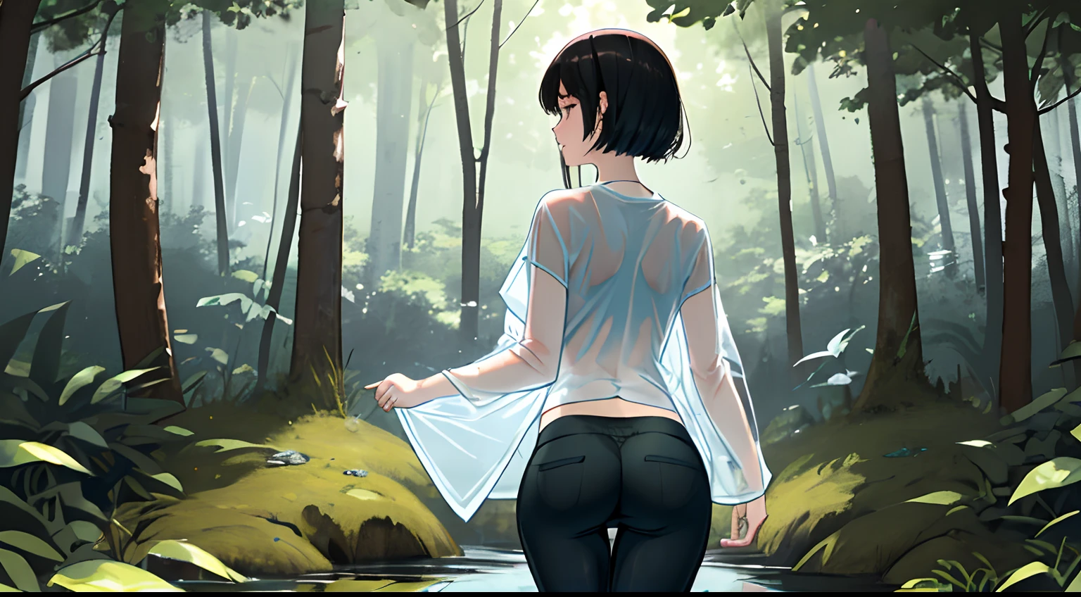 A Japanese Lady、A dark-haired、realisitic、lightly dressed、The whole body is reflected、The human、in woods、embarrassed、Underwear visible、Underpants、tshirts、Take off your jacket、Deep in the forest、Underwear pants are light blue、see-through