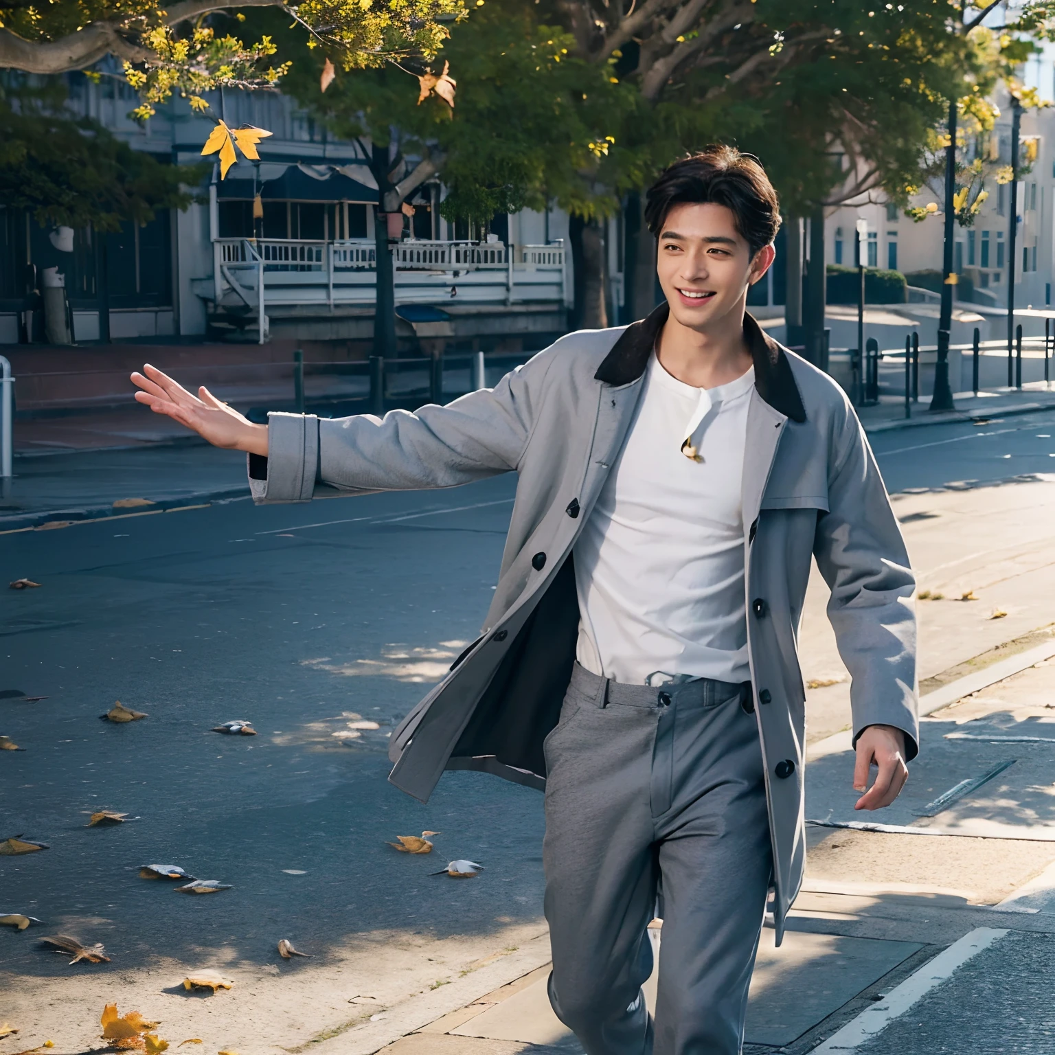 masterpiece, best quality, high quality, human, handsome male, (((solo))), (male focus), mature, black short hair, slim, ((yellow pupils)), detailed eyes, front view, (clothing, (topwear: (dark-gray coat, (white t-shirt)), bottomwear:(pants: dark gray), standing, coat fluttering, detailed clothing, coat collar, tall, smiling, (((city seaside))), trees, falling leaves, (detailed background)
