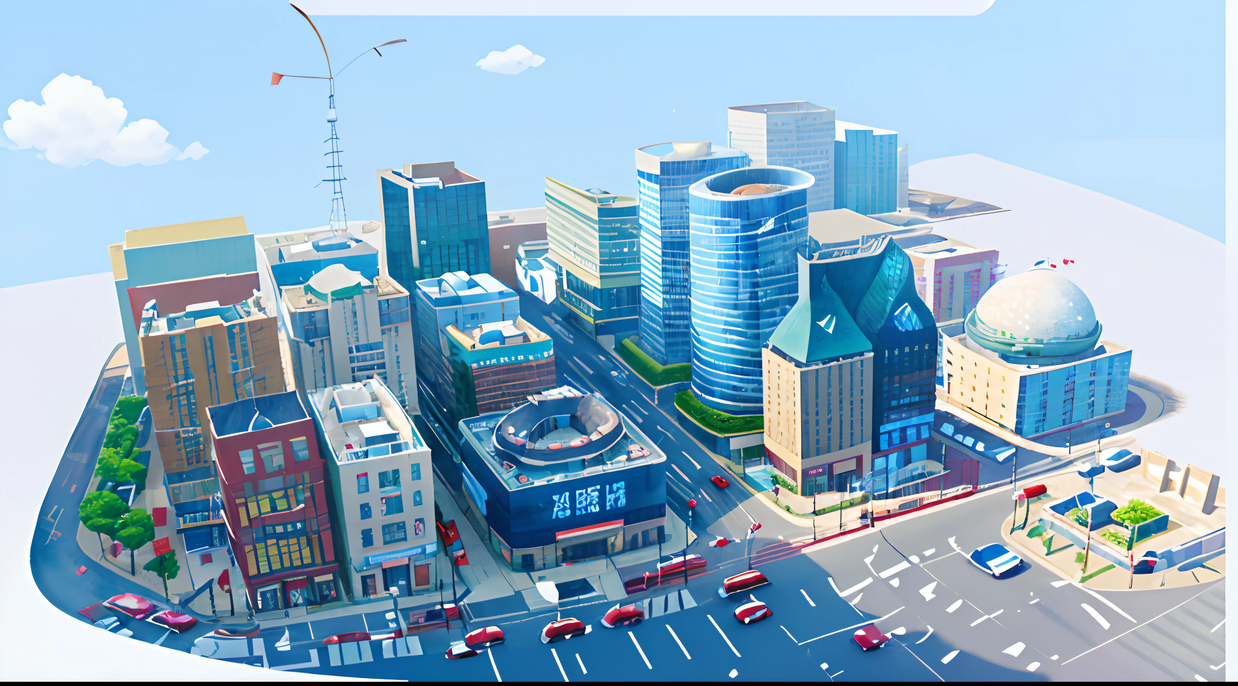 城市，the street，intersection，Buildings，with blue sky and white clouds