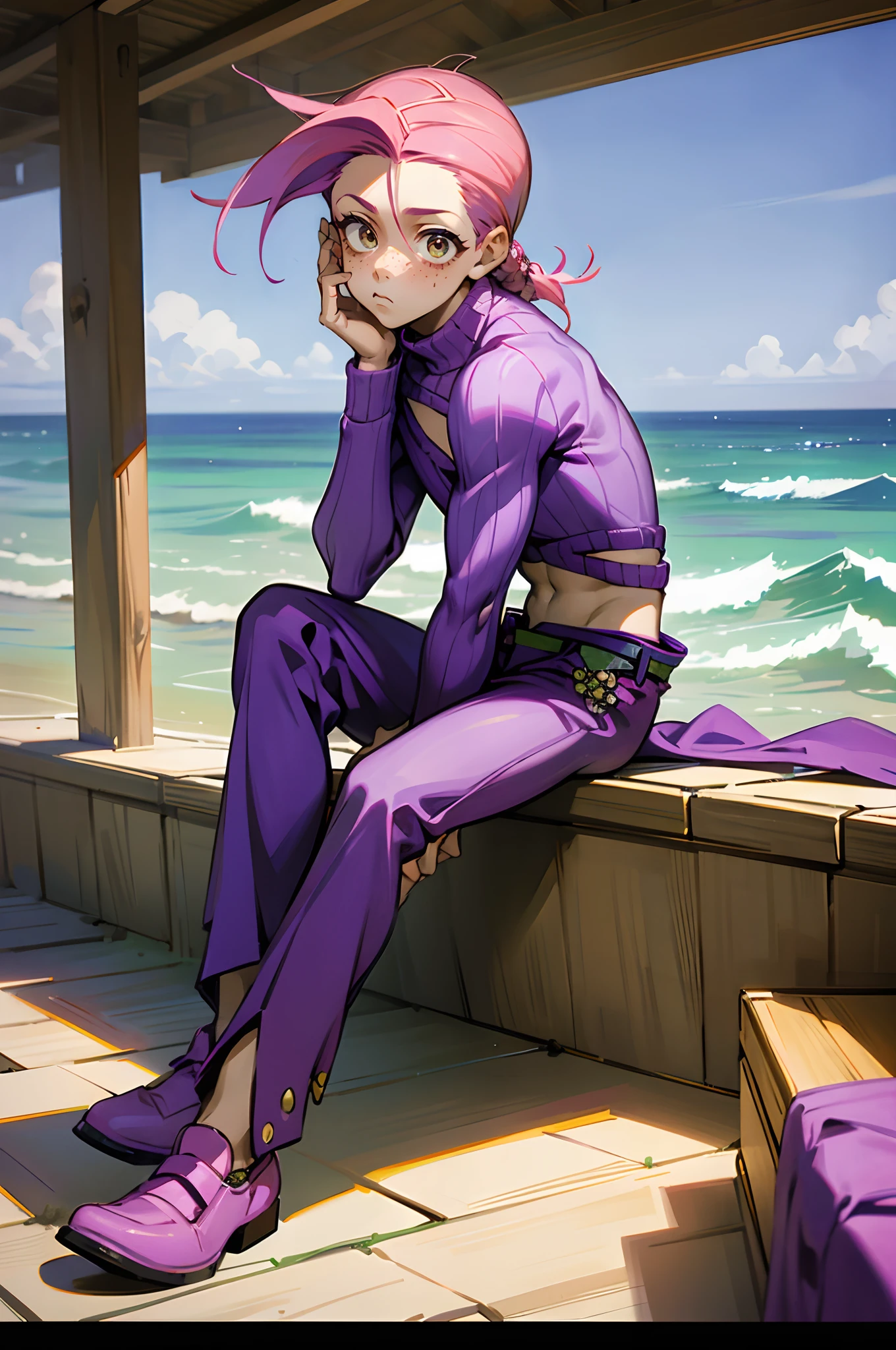 vinegar doppio, doppio, pink hair, purple sweater, purple pants, purple shoes, freckles, green belt, 1boy, male focus, solo, brown eyes, cowboy shot, petite boy, ocean, beach, sitting
