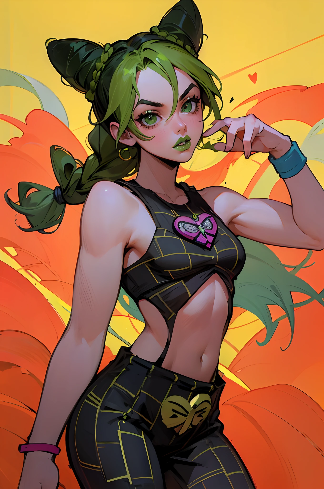 Jolyne Cujoh, green hair, black hair, braid, double hair bun, green eyes, green lipstick, full lips, wristband, tattoo, cowboy shot