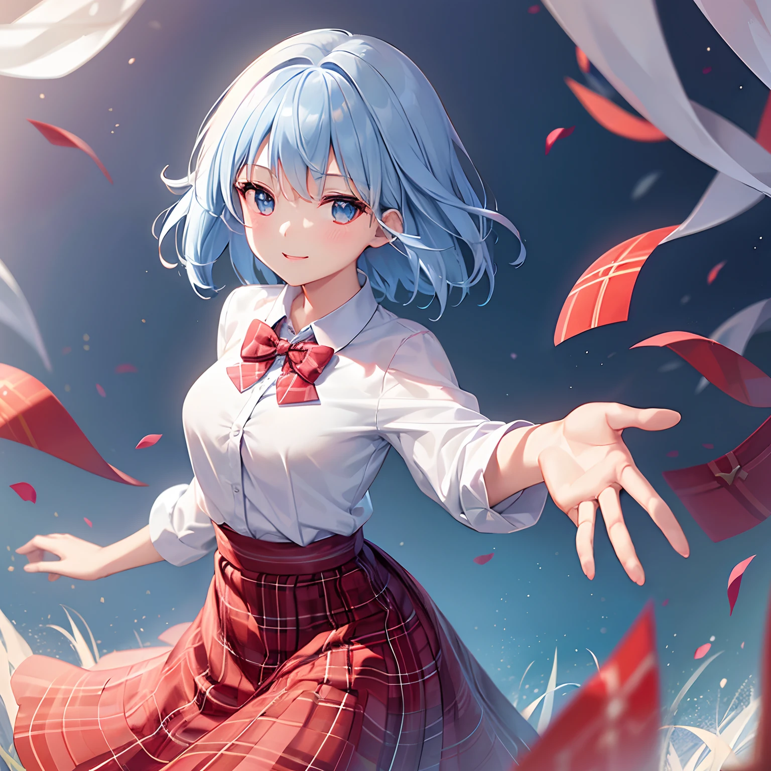 1 girl in、flowerfield background、short-hair、pale blue hair、blue eyess、blazers、(Plain white shirt)、(red bowtie)、(Red plaid skirt)、Black stockings、A smile、red tide、hightquality、best qualtiy、