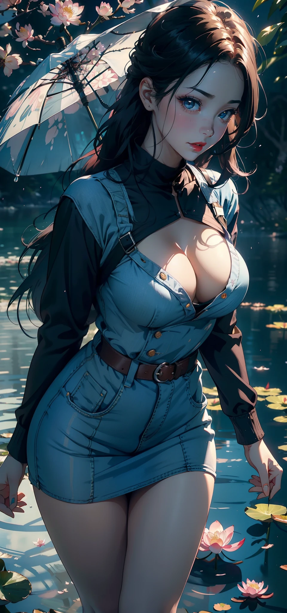 1female，45 yers old，Married Woman，熟妇，plumw，extremely large bosom， 独奏，（Background with：ponds，Cherry blossom forest，lotus flower）standing underwater， She has long pink hair，seen from the front，， mostly cloudy sky，（（（tmasterpiece），（Very detailed CG unity 8K wallpaper），best qualtiy，cinmatic lighting，detailed back ground，beatiful detailed eyes，Bright pupils，Black eyes，Snow-whiteskin，Redlip（Very fine and beautiful），（Beautiful and detailed eye description），ultra - detailed，tmasterpiece，））facing at camera，A high resolution，ultra - detailed），revealing breasts，Bare genitalia，  Bulge，legs are open，Raised sexy，Camel toes，Desire for dissatisfaction，frontage，（Wearing：Blue denim dress，Bare ）