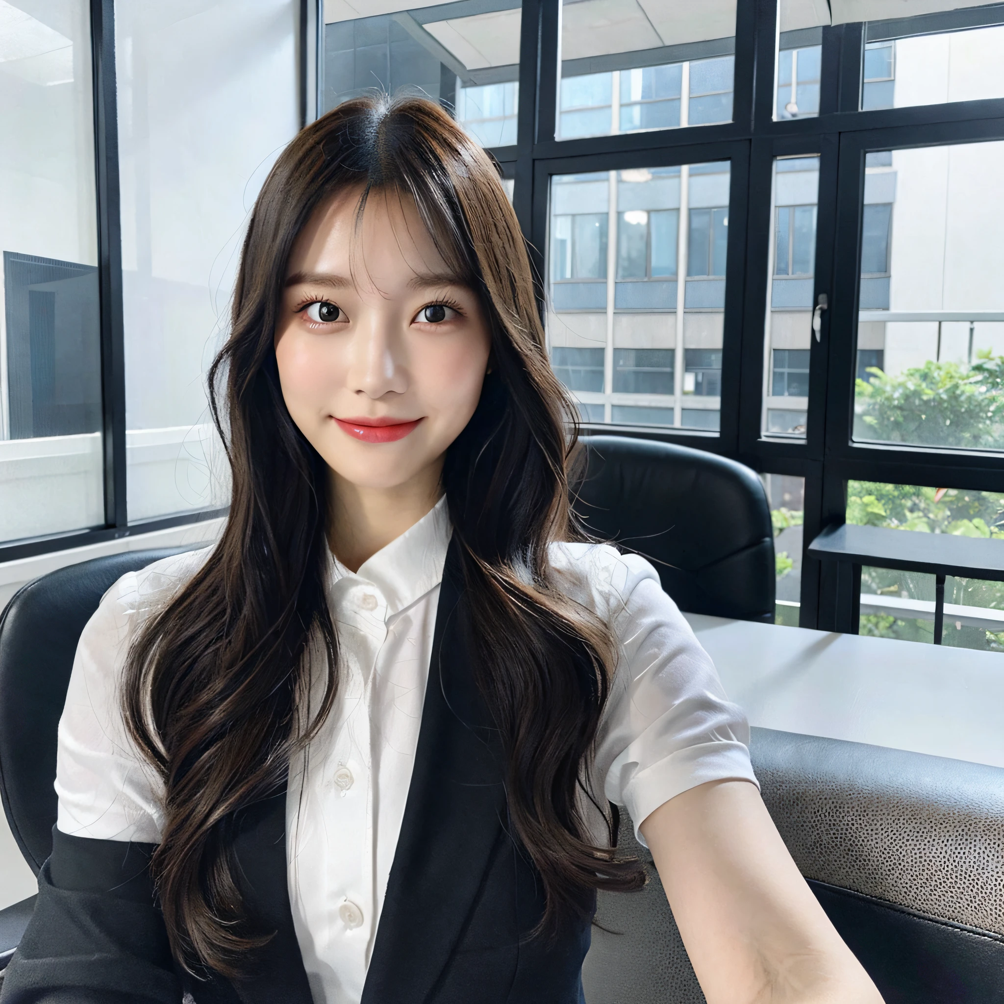 (girl with: 1.6), (Lola:RussianDoll:0.4), (Lola:TaiwanDoll:0.4), (Best Quality, 8K, masutepiece: 1.3), Focus 1.2, Perfect Body Beauty: 1.4, Highly detailed face and skin texture, Plump Goddess,A smile,Delicate eyes, Double eyelids, Whitened skin, long hair split edges, (Round face: 1.4), window, (Full body: 1.1), Secretary, assistant, Black upper body business suit, Suit, Tight skirt, Using a computer to sit in an office in a skyscraper, a computer, printer, desk work, Office Chair, document, folder, a computer, Note PC