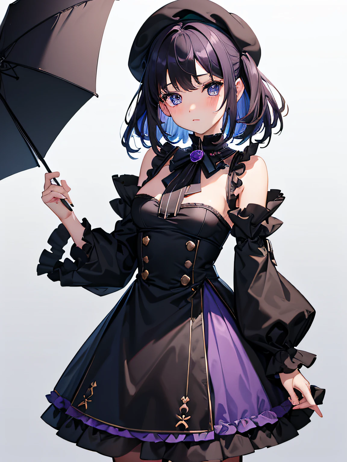 black_thighhighs,long_sleeves,white_background,gothic_lolita,short_dress,lolita_fashion,frilled_dress,puffy_sleeves,multicolored_hair,cleavage,juliet_sleeves,long_hair,ear_piercing,hime_cut,dress,chin_piercing,breasts,frilled_skirt,bocchi_the_rock!,colored_inner_hair,umbrella,simple_background,thighhighs,corset,black_dress,black_hair,highres,black_umbrella,skirt,frills,absurdres,piercing,solo,yozakurayuyu,black_choker,green_eyes,choker,1girl,purple_hair,pa-san