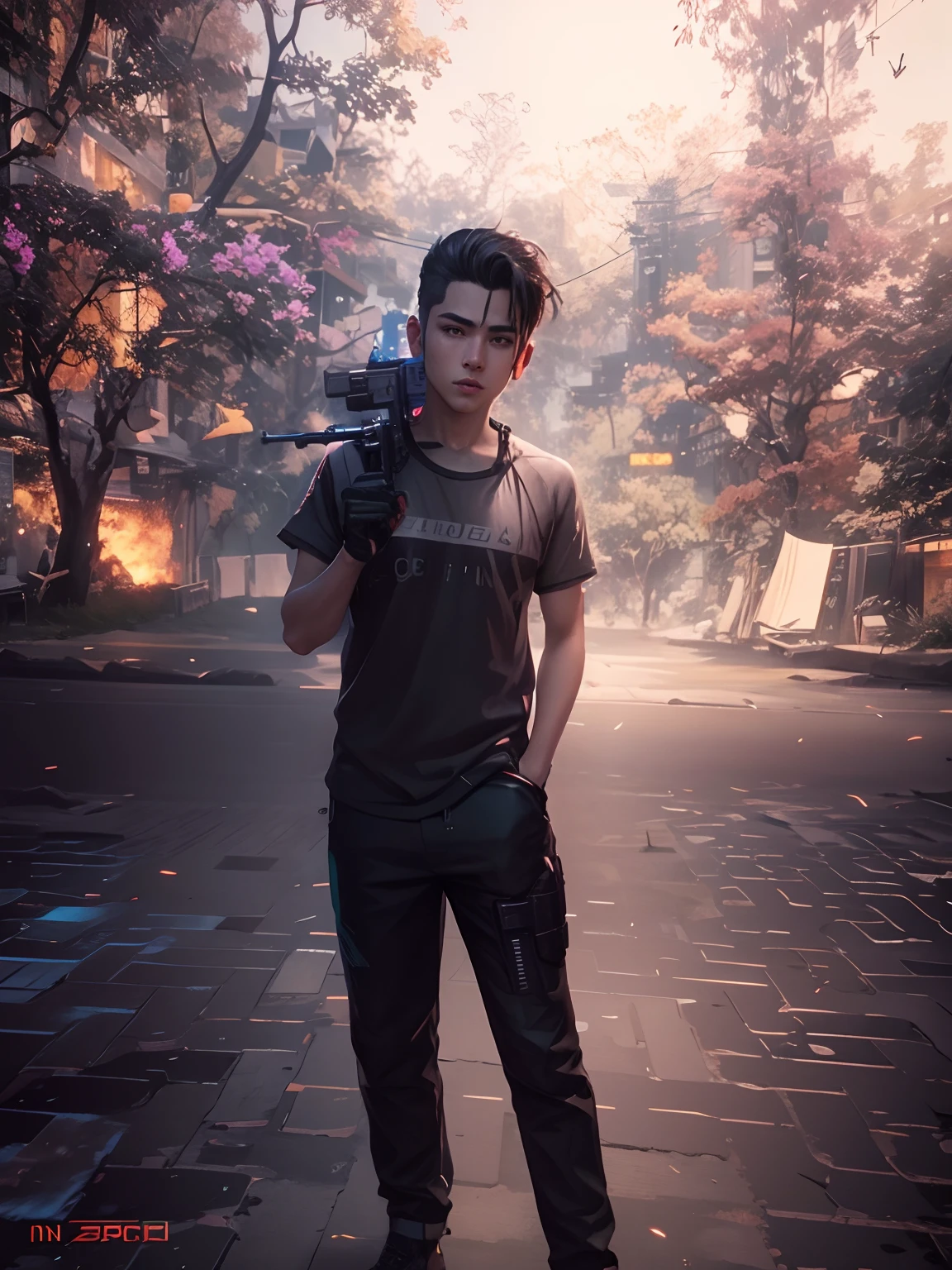 Change background cyberpunk handsome boy realistic face,8k realistic Gun