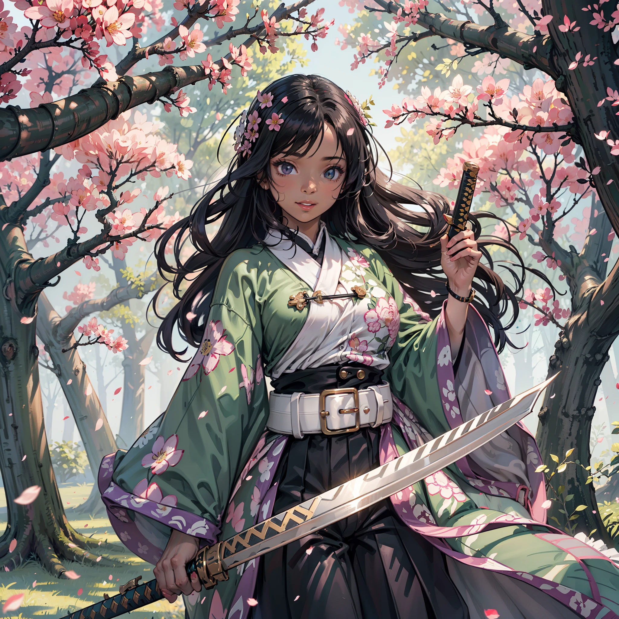 1 person,Beautiful dark-skinned girl standing under cherry blossom tree，Holding a natural katana, Long black hair with elegant curls, Beautiful handmade gold flower pins on hair, Bright smile, Plump big lips, Large glowing green eyes, Wearing a Demon Slayer uniform, Loose black demon killer pants，Fasten with a large white belt, Wear traditional green haori，The black Demon Slayer uniform has purple and red flower motifs,Demon Slayer Style, 8K resolution, High quality, Best quality, (Masterpiece), Highly detailed, Good shadows,