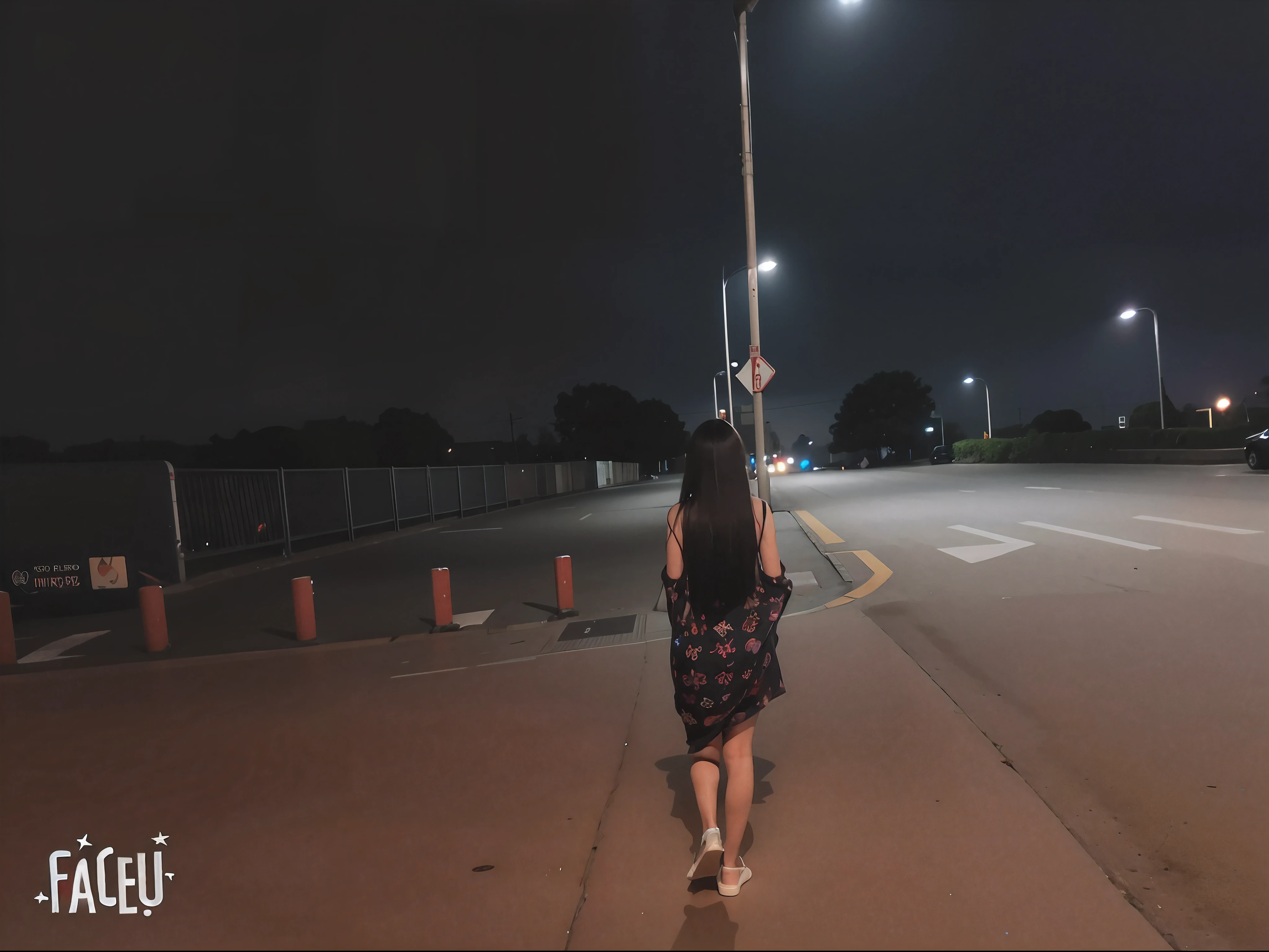 There was a woman on the street at night,long and flowing hair, far away from camera, walking away from the camera, night time footage, calm evening., High-quality footage, lonely human walking, cinematic shot ar 9:16 -n 6 -g, nighttime photography, long distance photo, cinematic low shot, harsh flash photo at night，night sky full of stars