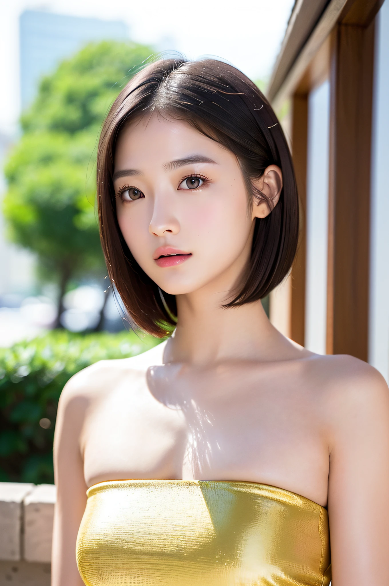 (hight resolution:1.3), (16K, Photorealsitic, RAW Photography, Top image quality: 1.4), japanes, (1girl in), beauitful face, (lifelike face), (A dark-haired、short-hair:1.3), Beautiful hairstyle, realisticeyes, beautiful finely detailed eyes, (real looking skin), Beautiful skins, enticing, 超A high resolution, A hyper-realistic, High Detail, the golden ratio, plein air, Windy, frombelow,1a person、 Half body shot,extremely detailed cute girl,(20yr old)、party dress、