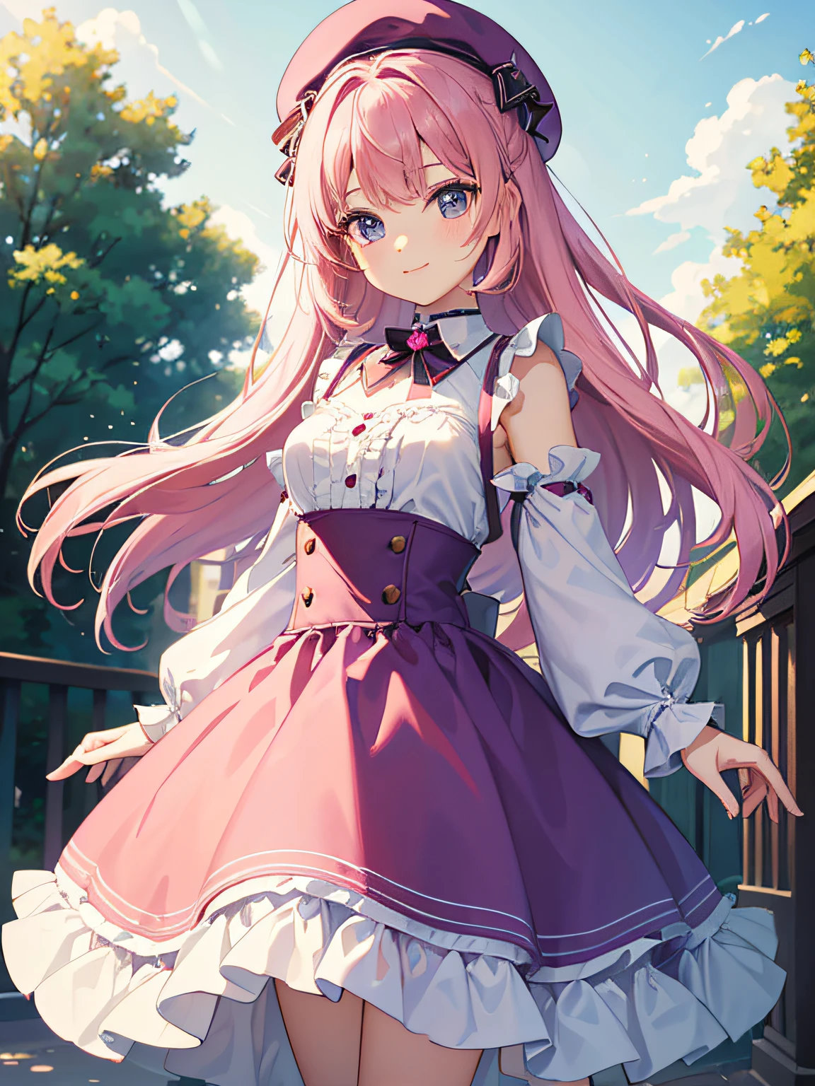 ((4K, master piece, Best Quality)), 1girl in, Medium hair with pink hair, Blue-violet eyes, Chibi,8-year-old girl,Cute, smil, medium breasts, frills skirt, Long skirt,Front stand, beret,Face Focus,No glasses background,Sparkling eyes