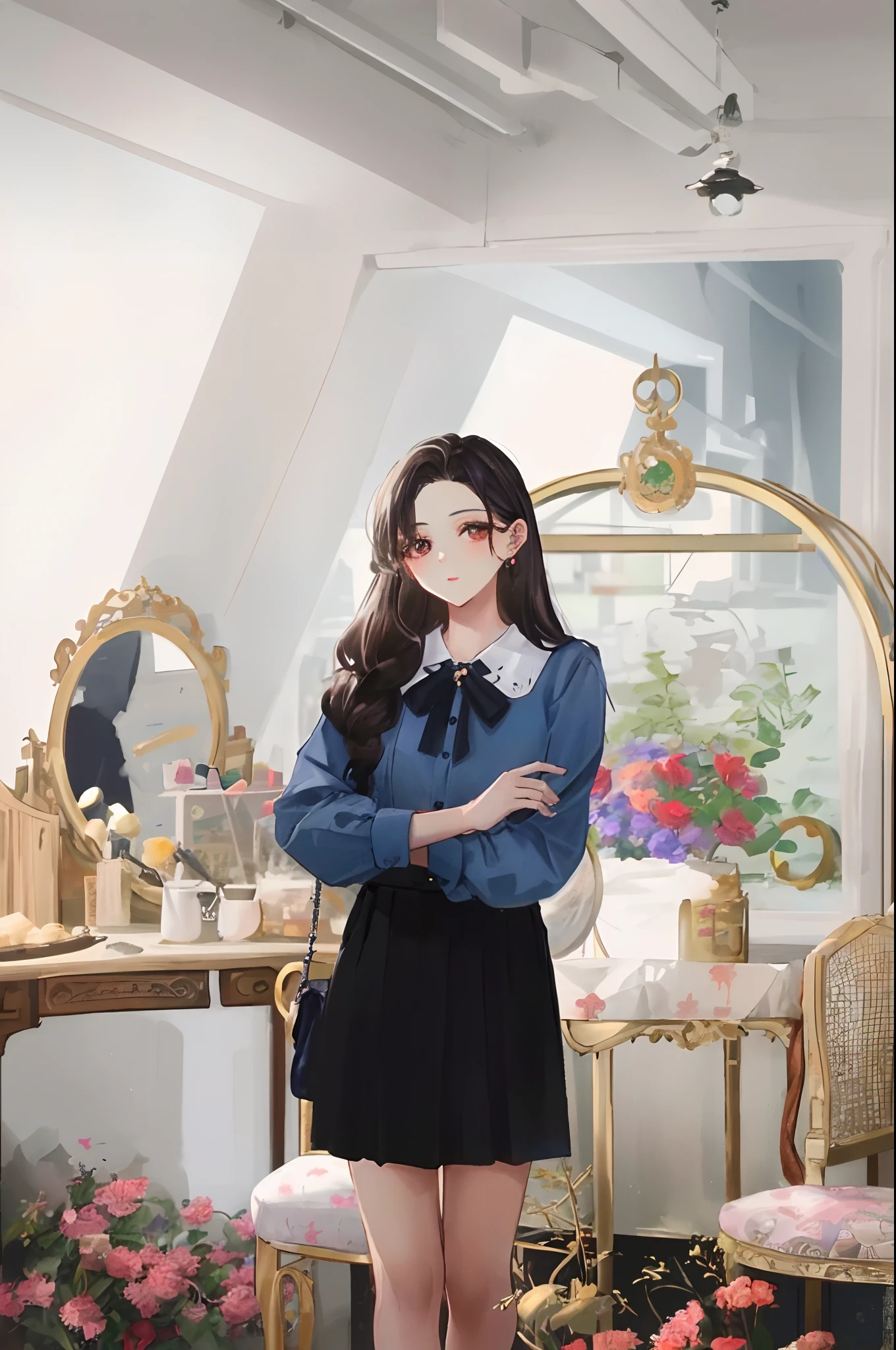 araffe girl in a blue shirt and black skirt posing for a picture, korean women's fashion model, wearing an elegant outfit, ulzzang, jinyoung shin, jaeyeon nam, korean girl, wearing a blouse, tzuyu from twice, inspired by Jeong Seon, casual clothing style, elegant clothes, gorgeous young korean woman, inspired by Sim Sa-jeong