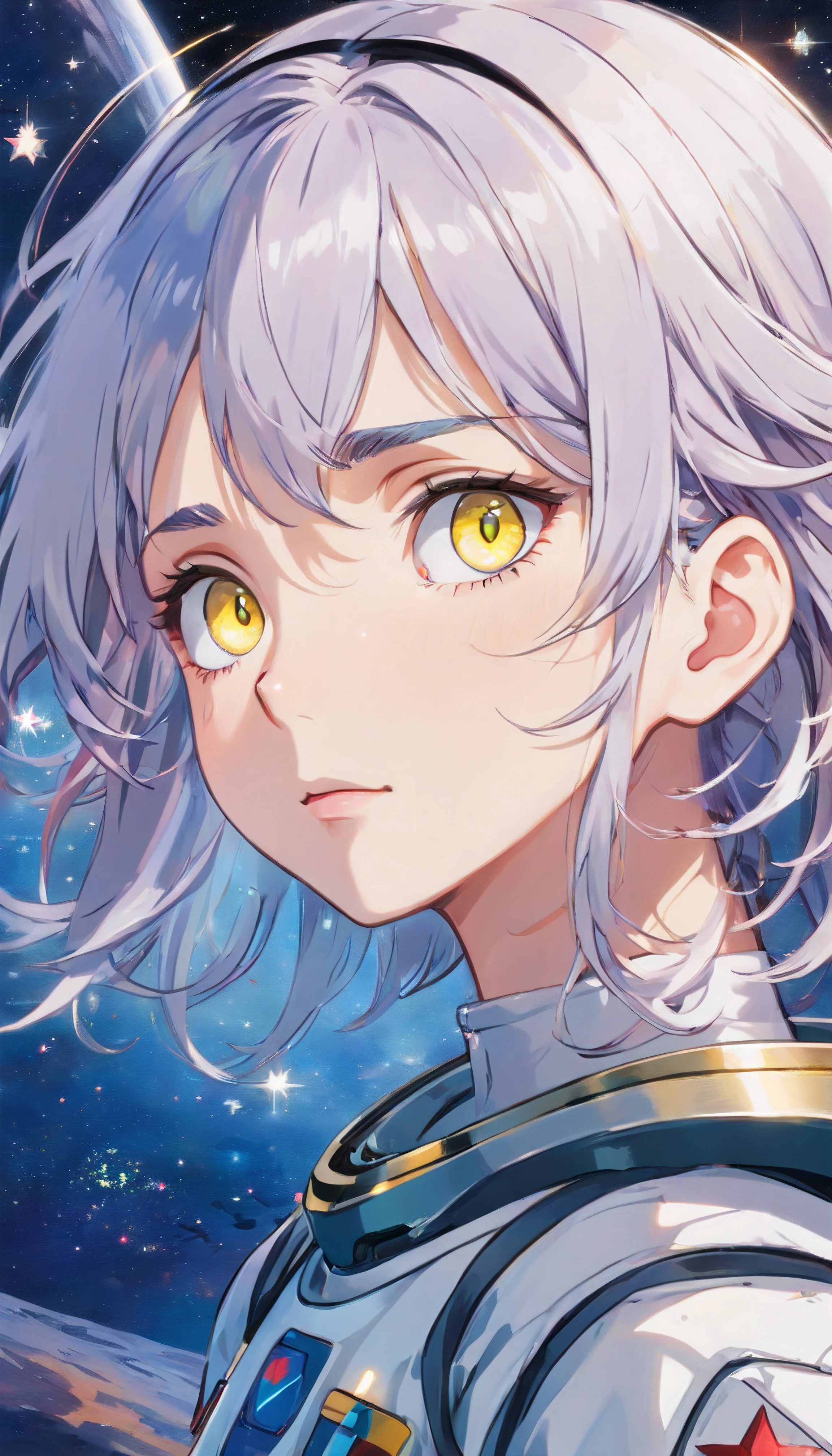 (A higher-quality masterpiece in close-up:1.5)0.9], (Espace et astronaute:1.2) (messy silver hair:1.1) (yellow eyes with heterochromia and blue eyes:1.2) (Casque spatial:1.0) (Colorful stars in the eyes:1.0) (radiant light:1.1) (big lips:0.9)
