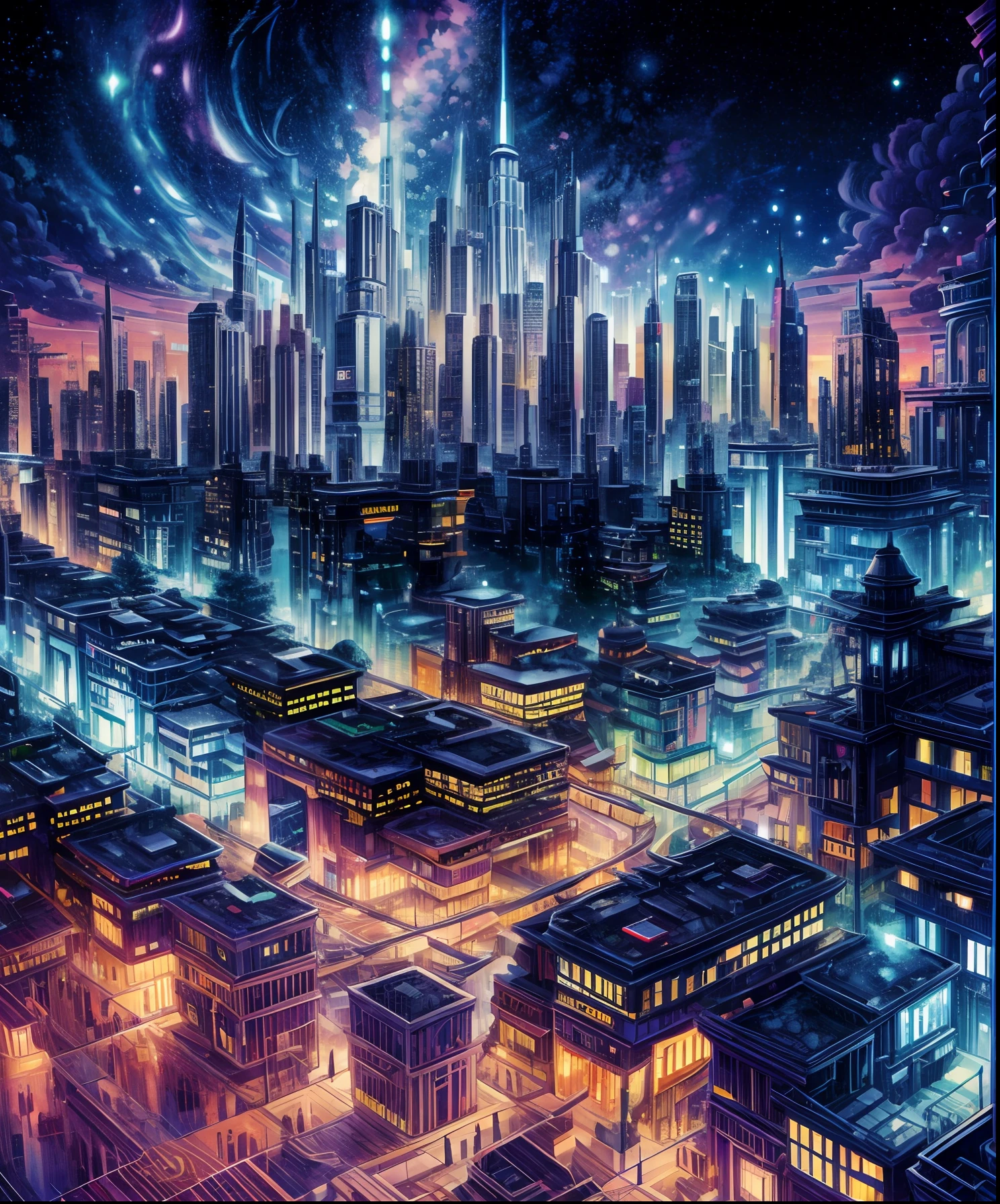 Sheet music playback、Colorful sheet music is played、Cute girl characters、 Night view from a high place、Drawing a large number of skyscrapers, Looking up at the starry sky. Surround her with colorful nebulae and colorful metropolis.